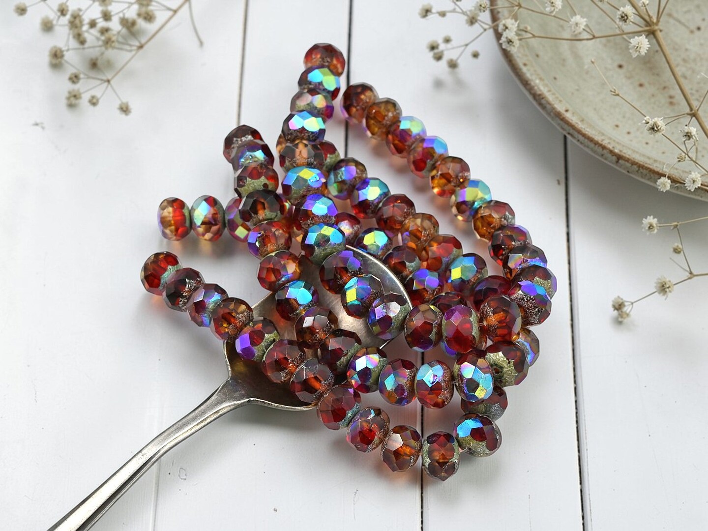 *25* 6x8mm Antique Silver Washed Ruby Sunset Fire Polished Rondelle Beads