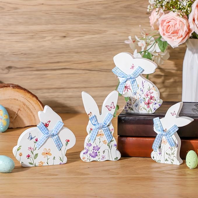 4 Pcs Easter Bunny Decor Wildflower Floral Wooden Table Signs with Blue Bow Rabbit Shaped Tabletop Centerpieces Tiered Tray Decor for Spring Easter Home Office Indoor Decoration
