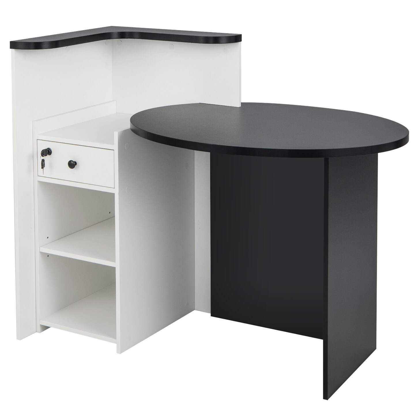 Black - White Office Reception Desk with Storage Shelf and Lockable Drawer