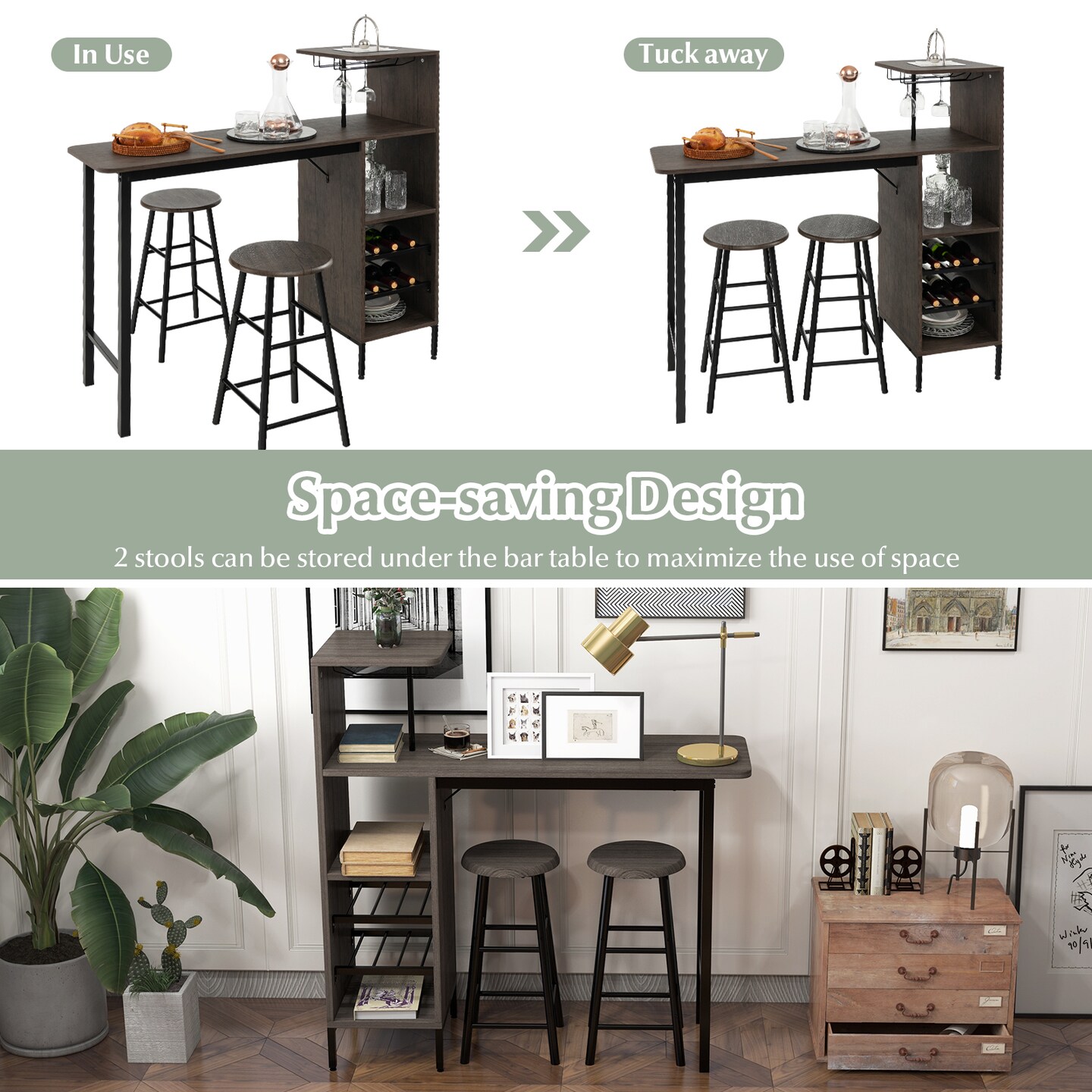 Brown 3-Piece Bar Table Set with Chairs and Built-in Wine Rack