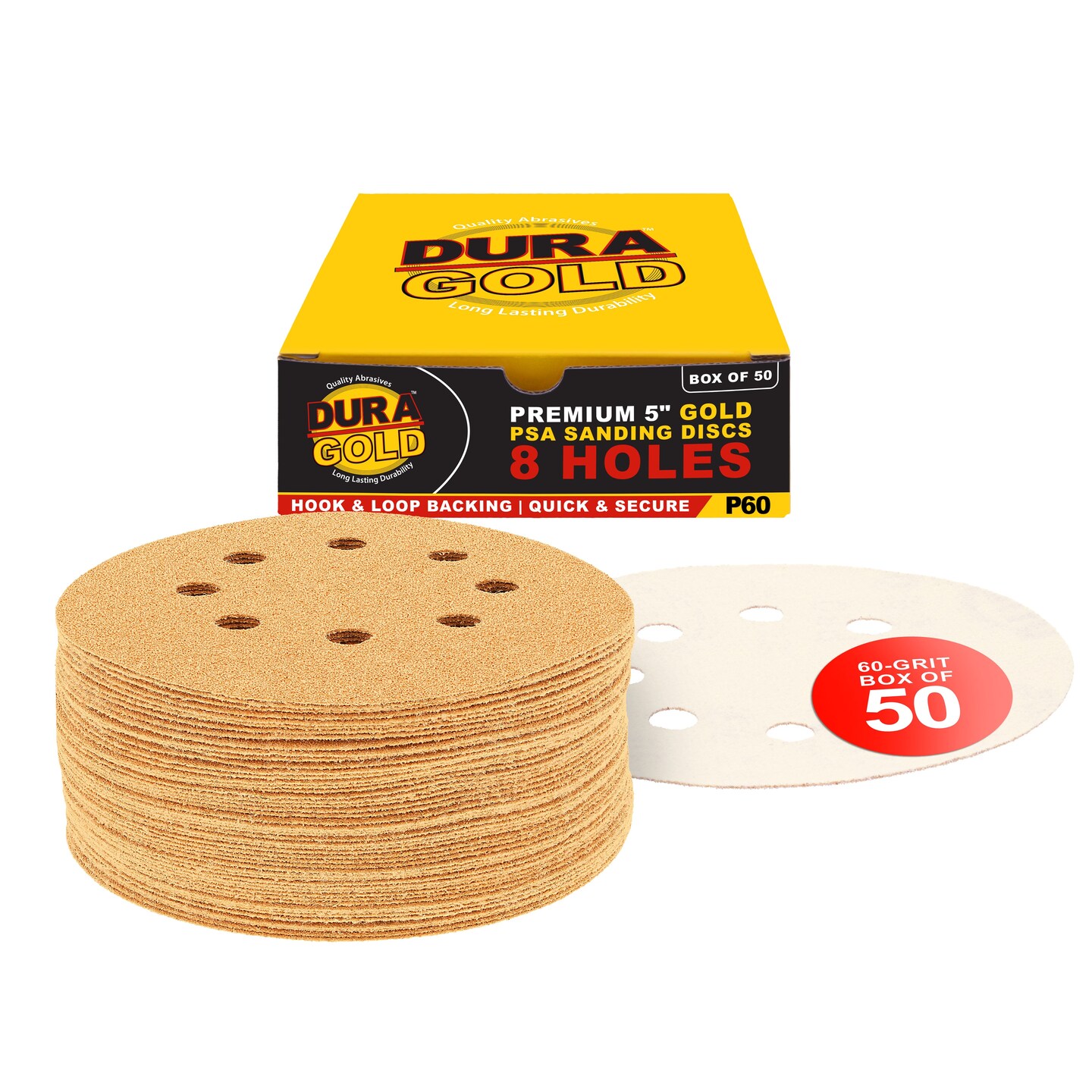 60 Grit - 5" Gold DA Sanding Discs - 8-Hole Pattern Hook and Loop - Box of 50