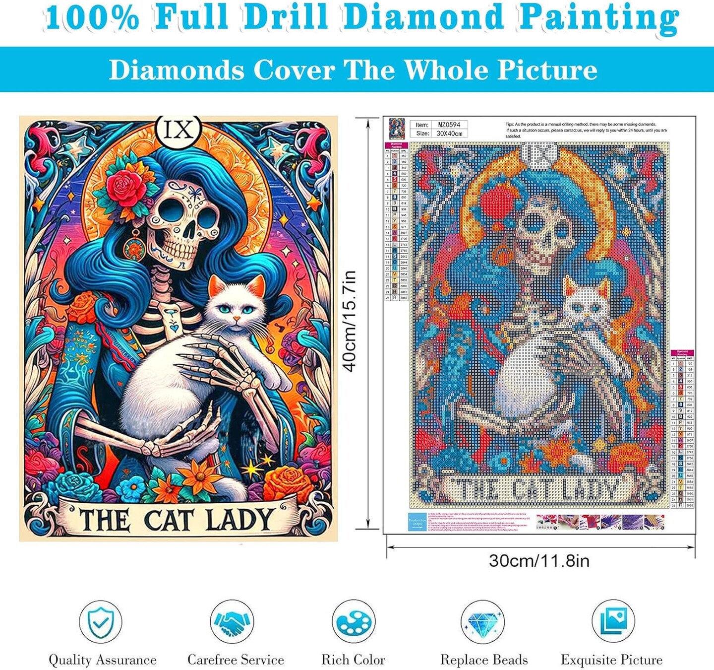 Diamond Art Kits for Adults – Horror Skull & Cat 5D Full Drill Diamond Painting, Gothic Gem Art DIY, 12 x 16 Inch