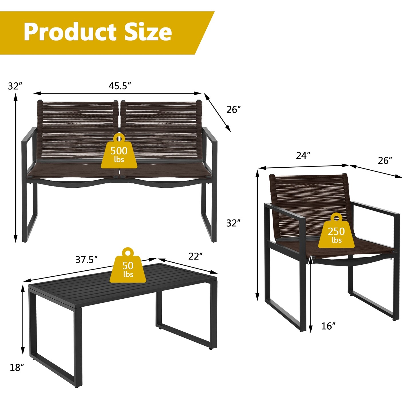 Black-Brown Steel Patio 4-Piece Sofa Set with Loveseat and Coffee Table