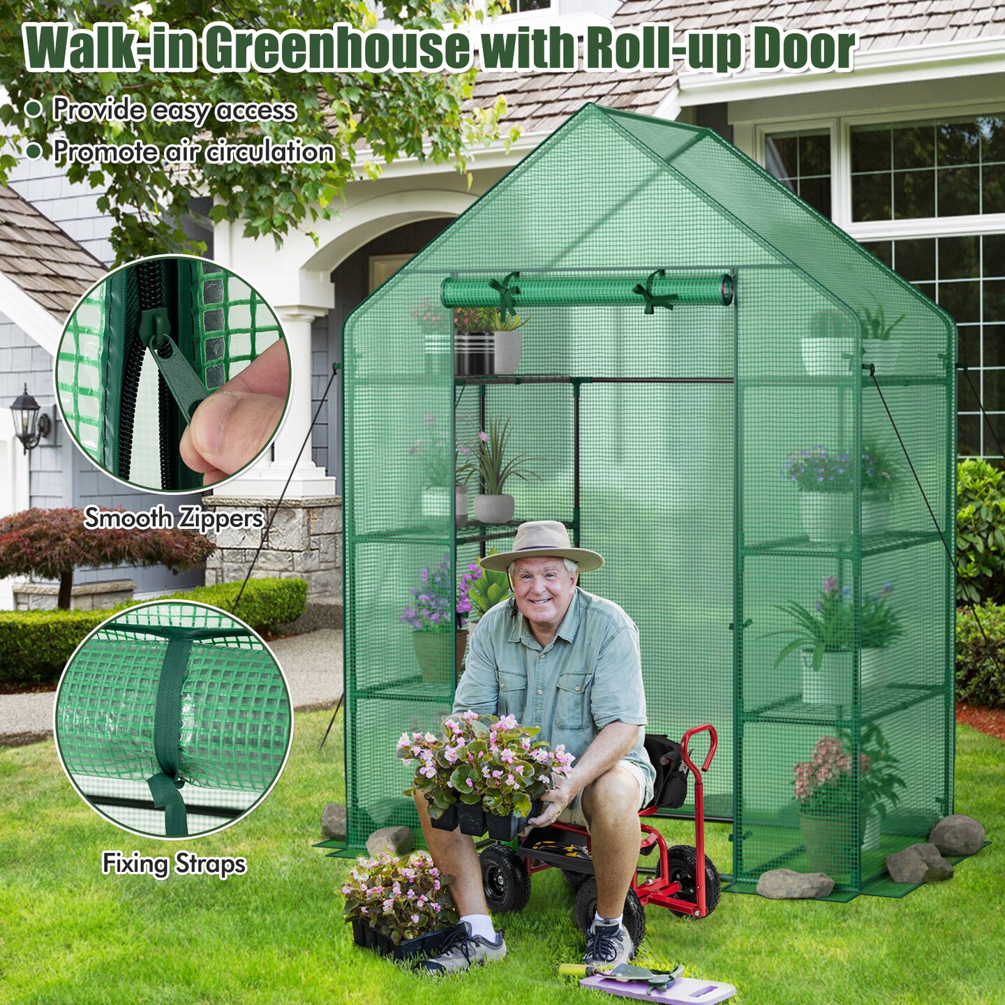 Green Portable 4-Tier Walk-In Plant Greenhouse with 8 Shelves