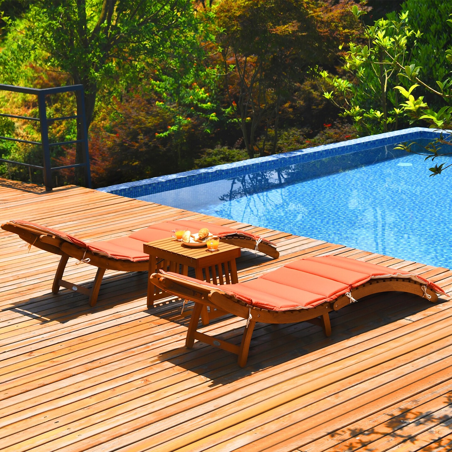3 Pieces Orange Wood Lounge Chair with Foldable Side Table and Cushions