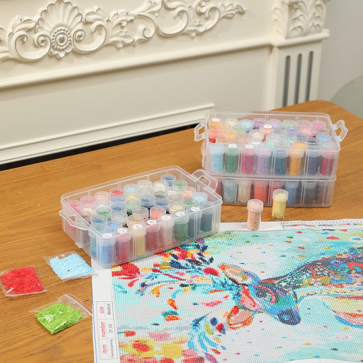 3-Tier Diamond Painting Storage Containers Portable Bead Organizer and Storage Box Stackable Arts & Crafts Organizers for Nail Charms Seed, 132 Round, Funnel, Stickers