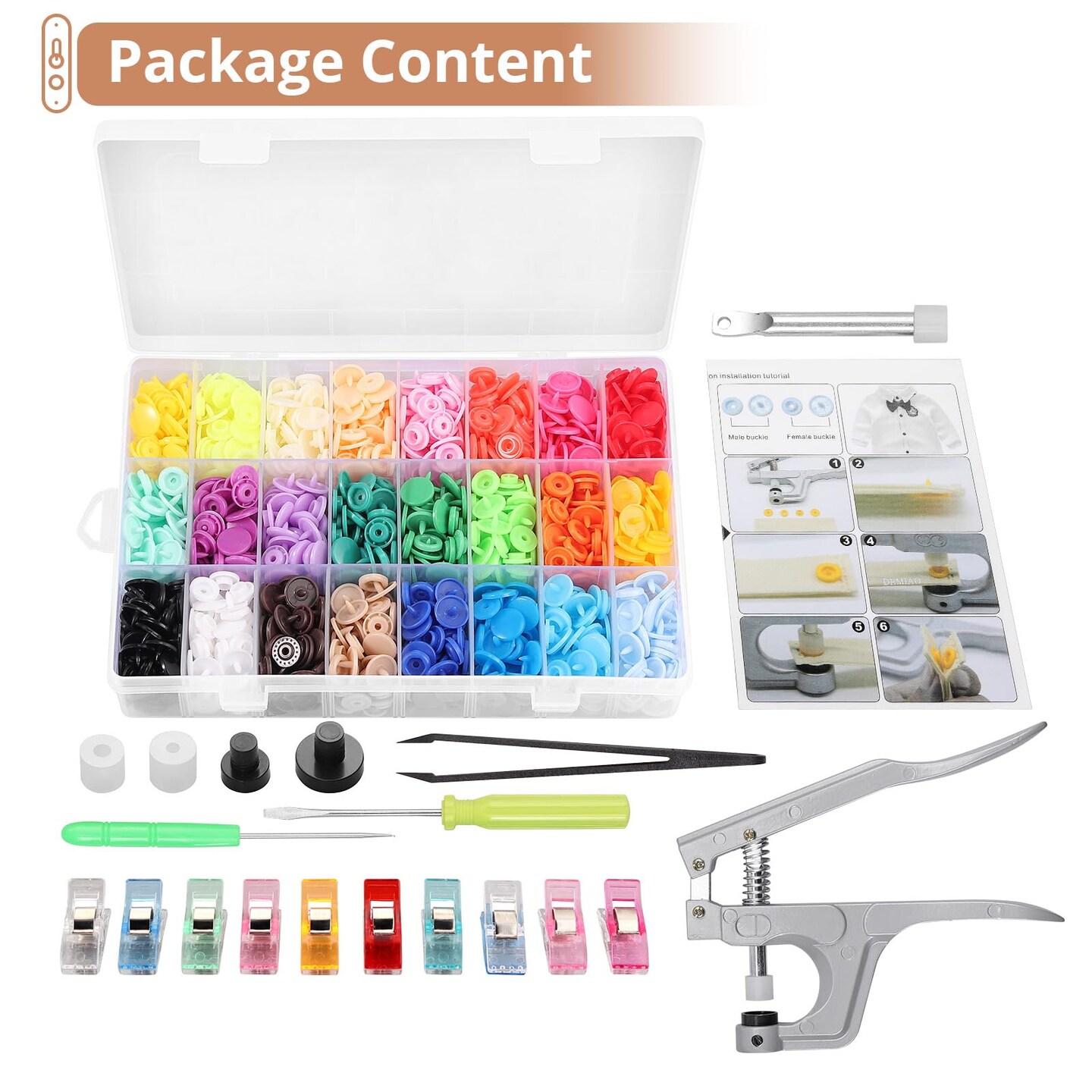 Snaps and Snap Pliers Set, 408 Sets T5 Plastic Snap Buttons 24 Colors, Snap Fasteners Snap Press Pliers Snaps Starter Kit Snap Setter Tool for Clothes Sewing Bibs Rain Coat DIY Crafting