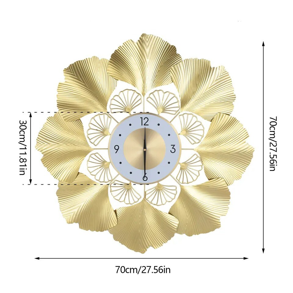 70cm Gold Round Ginkgo Biloba Wall Clock Large Wall Watch Living Room Home Decor