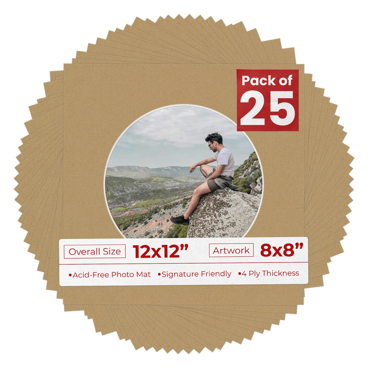 Rattan Beige Mat Board for 12x12 Frames - Circle Opening for 8x8 Photos
