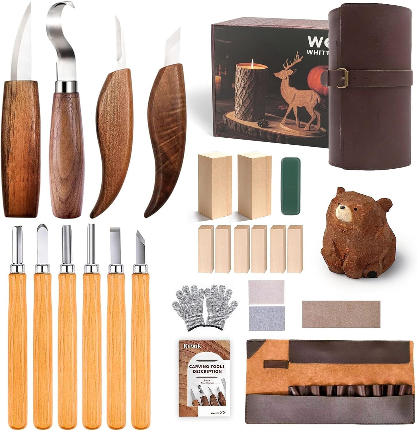 Wood Carving Kit for Adults & Beginners – 10-Piece Whittling Kit (4 Knives + 6 Chisels), 8 Basswood Blocks, Leather Holster, Wax & Instructions – Complete Woodworking & Craft Kit