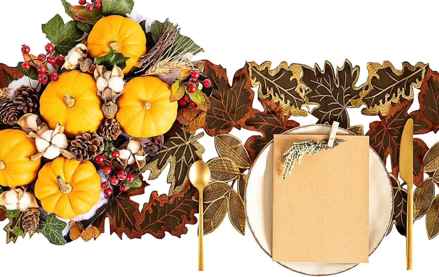 Fall Thanksgiving Table Runner with Embroidered Maple Leaves