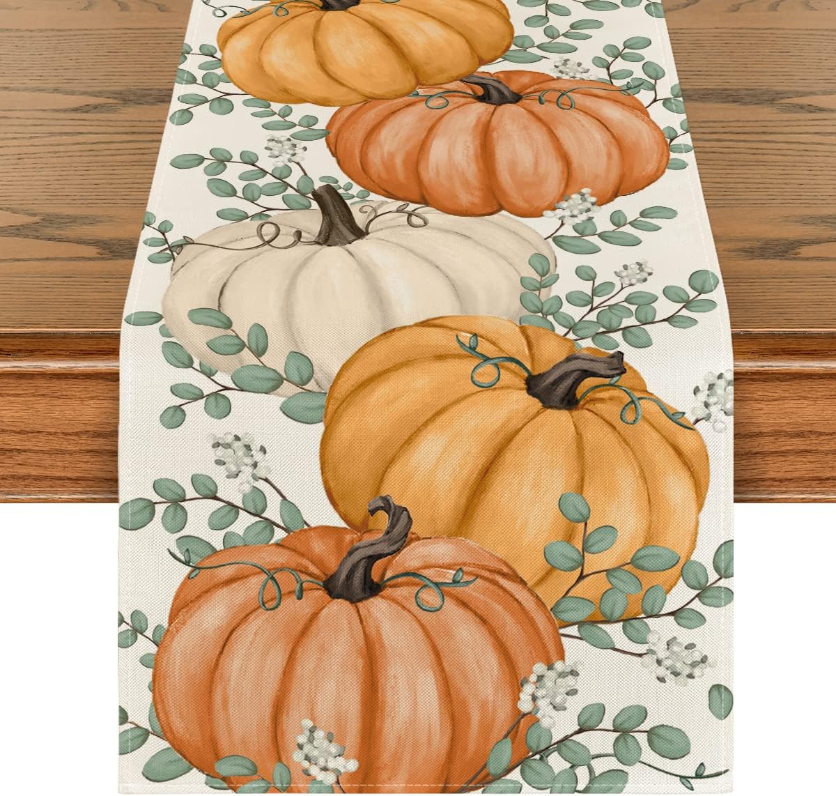 Orange - Pumpkins Eucalyptus Leaves Fall Table Runner