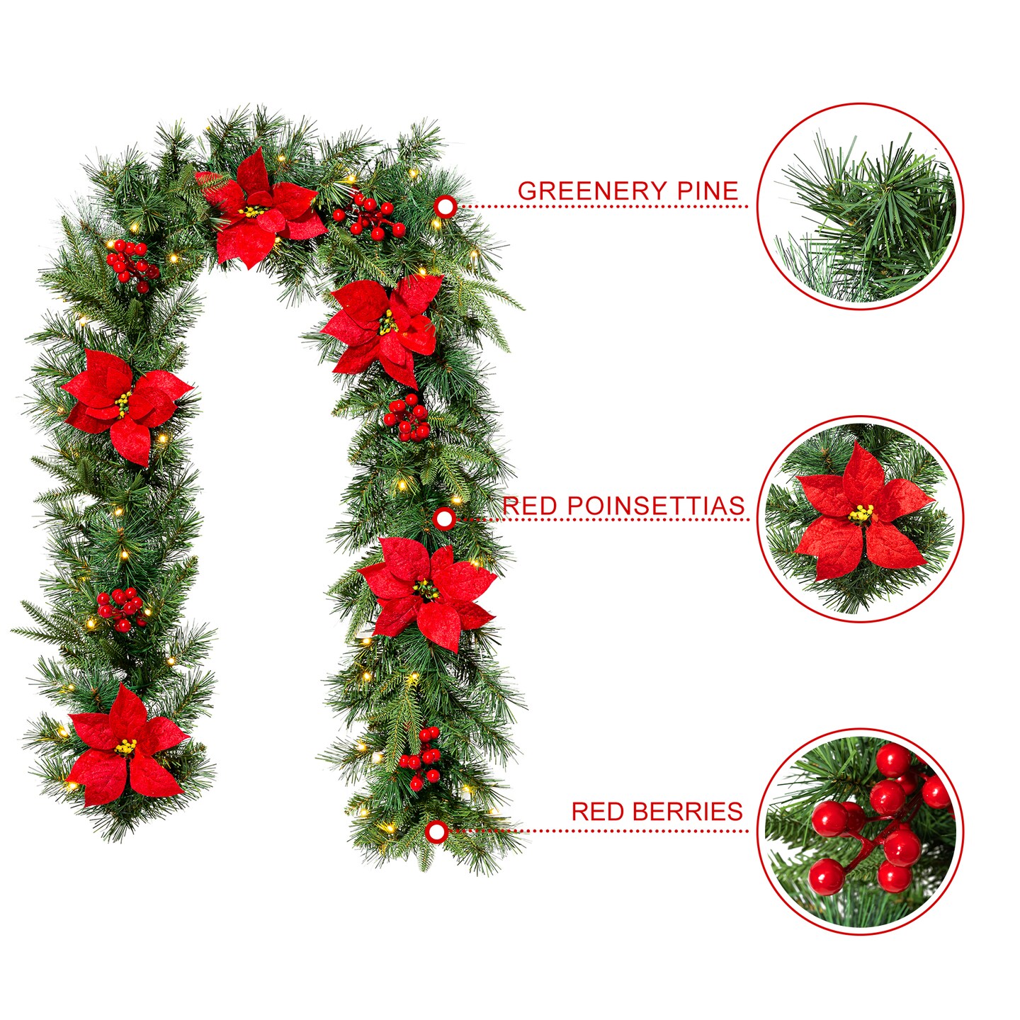 Set of 2 6ft Pre-Lit Christmas Garland with Warm Light LED Lights, Three Function