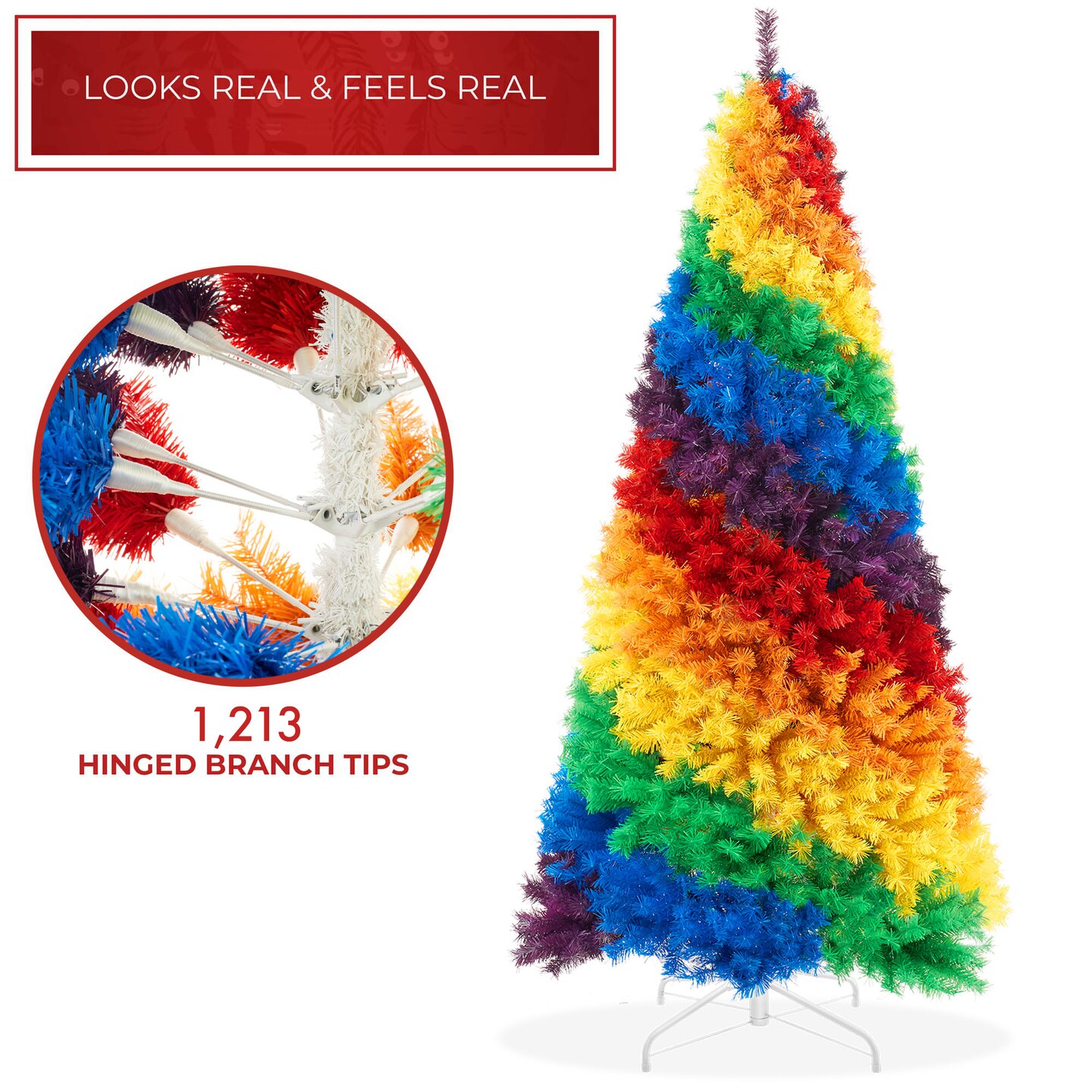 Casafield 7FT Artificial Colorful Rainbow Christmas Tree, Full Fir Holiday&#xA0;Decoration with 1,213 Branch Tips and Sturdy Metal Stand