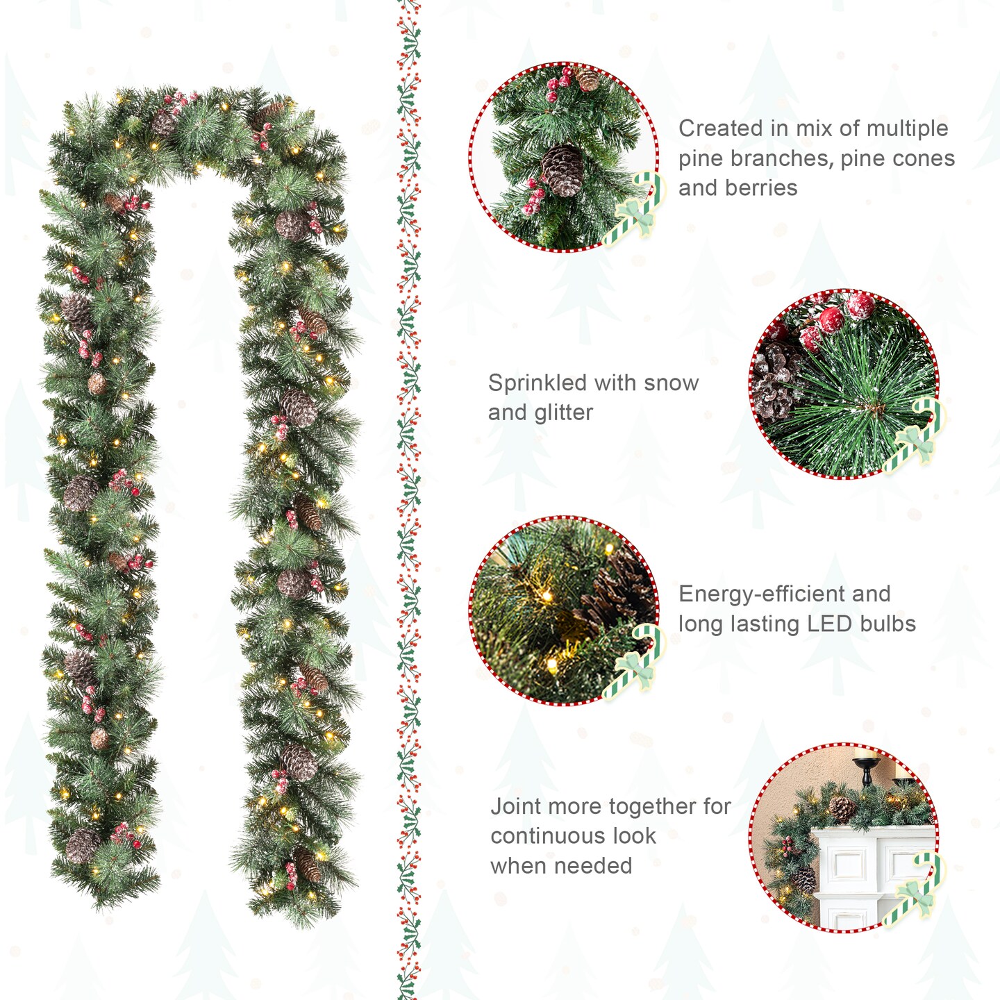 Set of 2 6ft Pre-Lit Christmas Garland with Warm Light LED Lights, Three Function