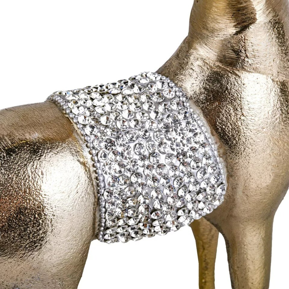 14" Large Metal Reindeer Figurine with Crystals, Christmas Deer Figure, Gold