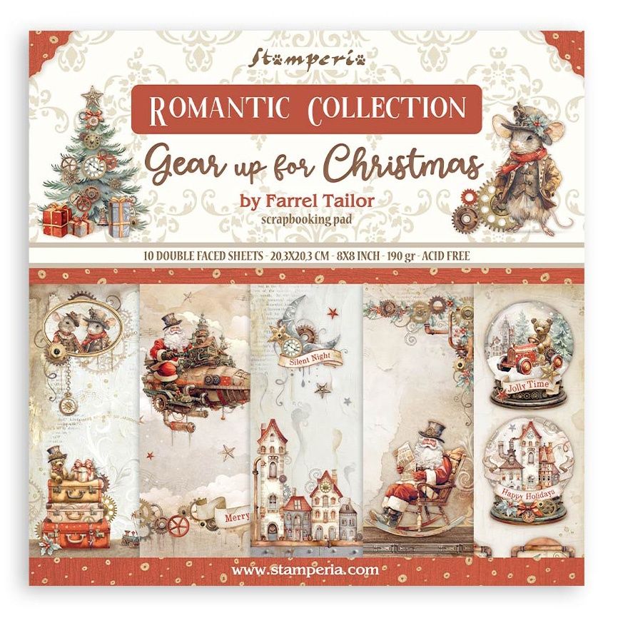 Stamperia Romantic Collection:  Gear Up For Christmas 8X8 Paper Pack