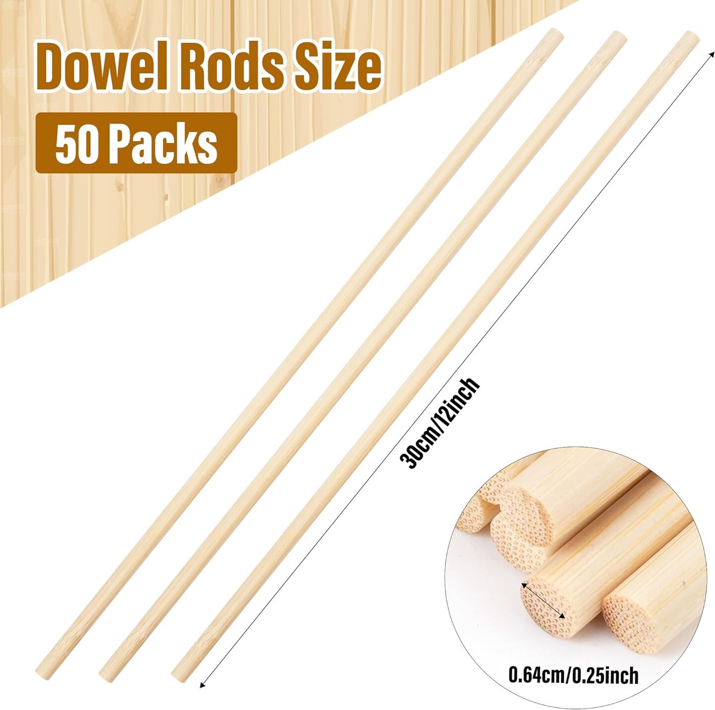 50Pcs Wooden Dowel Rods 1/4 x 12 Inch Wood Sticks for Crafts, Precut Wooden Rod Sticks Natural Wood Dowels for Craft and DIY Projects, Cake Dowels Hardwood Craft Dowel Rods