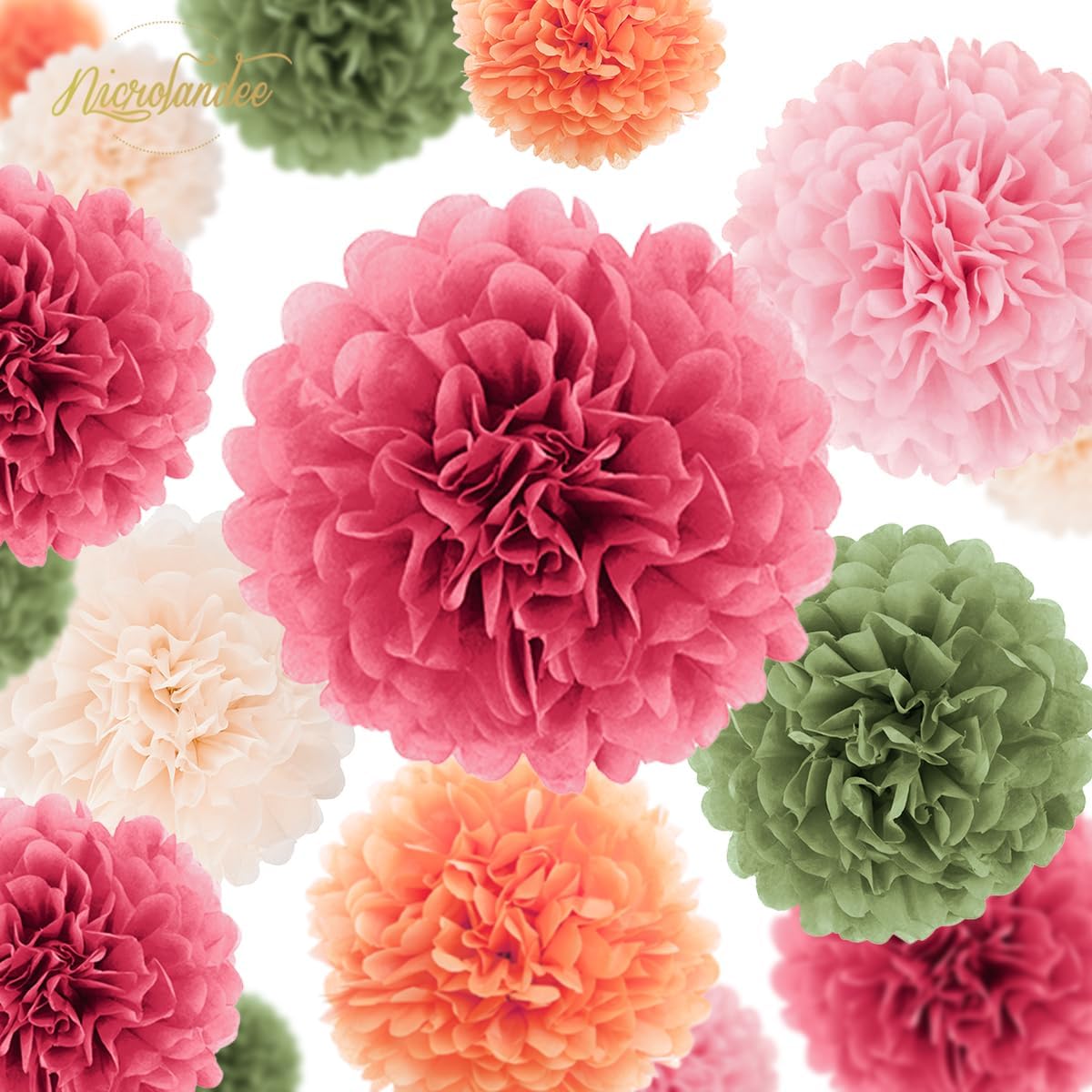 Wedding Party Decorations - 16Pcs Pink, Sage Green, Ivory Tissue Paper Pom Poms for Birthday, Engagement, Baby/Bridal Shower, Anniversary, Pastel Party, Festival Decorations