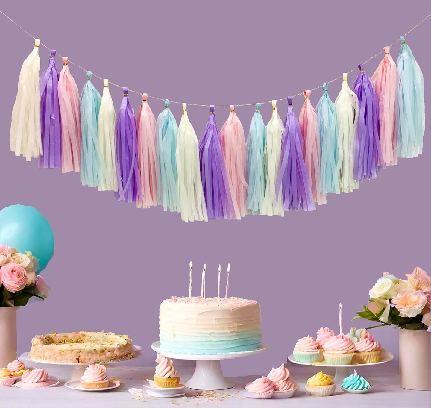 Pastel Rainbow Colorful Tissue Paper Tassel Garland,Tissue Tassel Banner for Party Decorations,Pack of 20