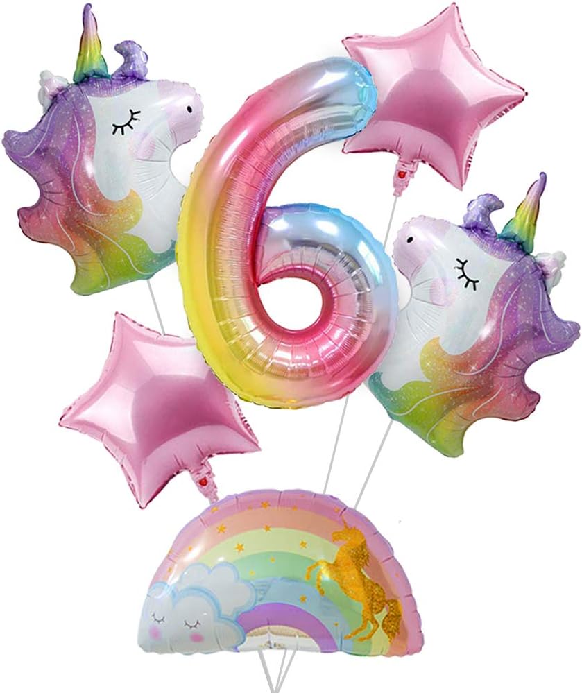 Unicorn Birthday Decorations for Girls 6th Birthday- Bouquet of Unicorn Mylar Balloons for Rainbow Unicorn Party Supplies (Number 6)