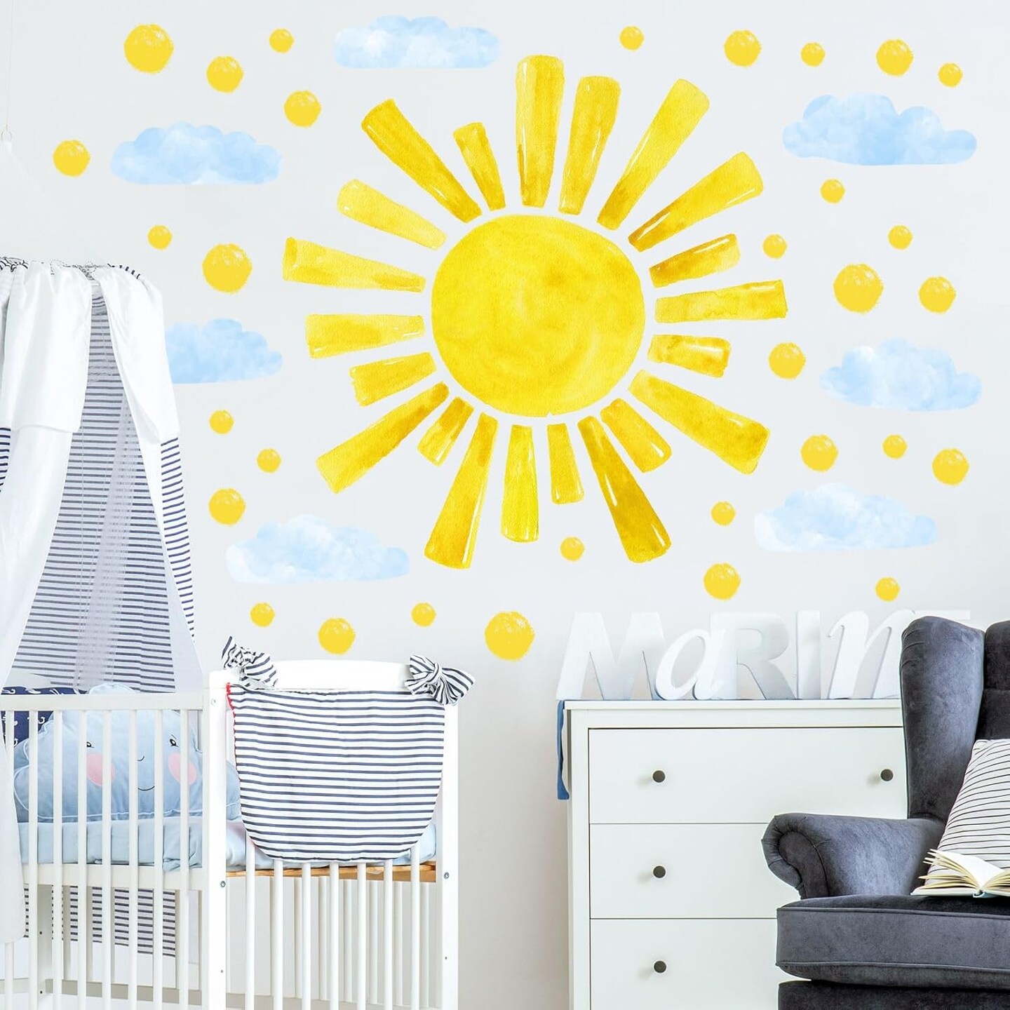 Large Sun Wall Decals Cloud Polka Dots Wall Stickers for Girls Room, 12 Sheets Watercolor Sun Wall Decor Stickers Cute Cloud Wallpaper Delicate Wall Decorations for Kids Room Bedroom