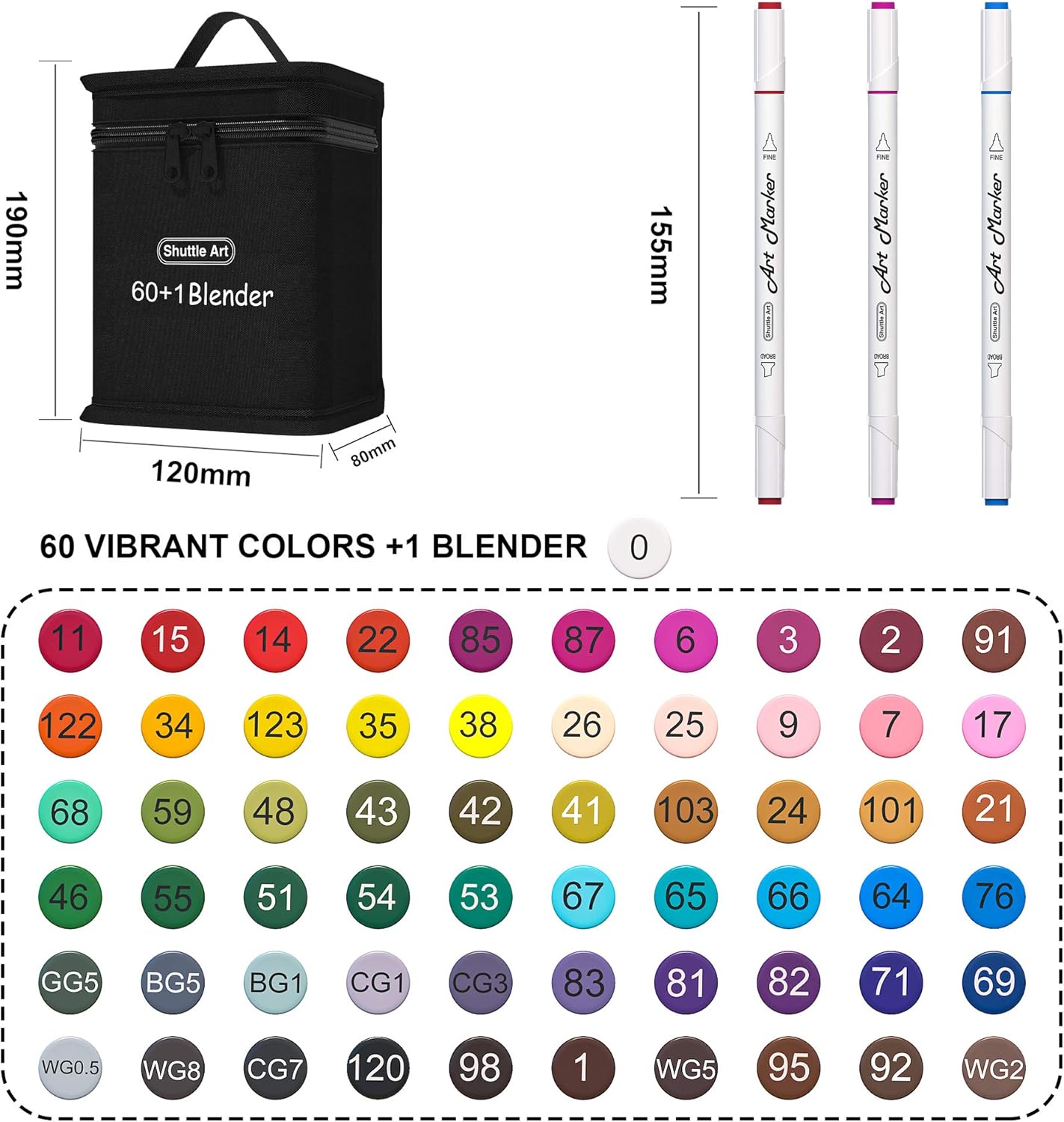 Art 61 Colors Dual Tip Art Markers, 60 Colors plus 1 Blender Alcohol Based Permanent Marker Pens Highlighters with Case Perfect for Illustration Adult Coloring Sketching and Card Making