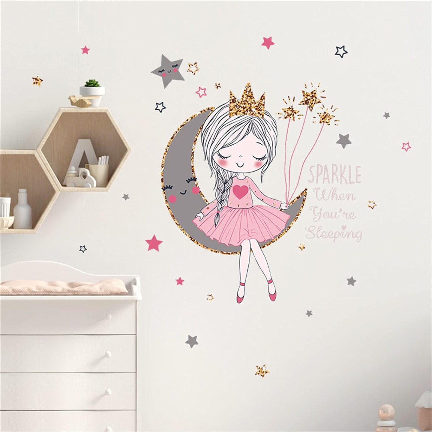 Colorful Cute Lovely Wall Stickers for Kids Peel and Stick Removable Wall Decals DIY Decorations Decor for Nursery Baby Girls Bedroom Playroom Living Room (Girl Sitting On The Moon)