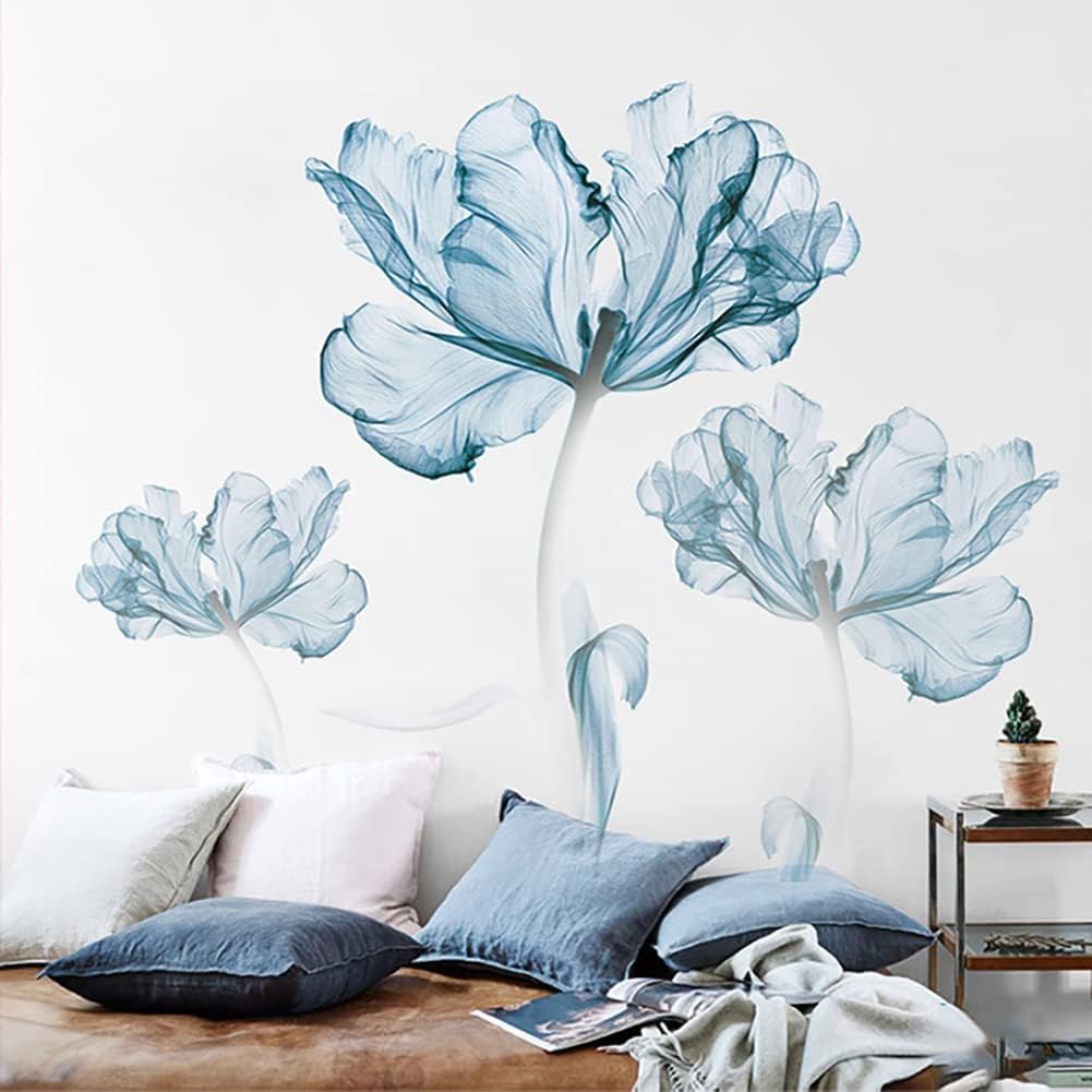 Large Blue Flower Wall Decals Poppy Floral Wall Art Stickers for Girls Bedroom Living Room Bathroom Office TV Background Decor