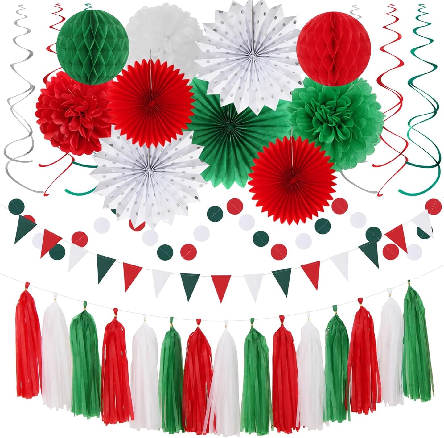 Red-Green White Christmas Party-Decorations - 33pcs Banner,Mexico Italy Streamers Tassel Garland,Tissue Pom Poms Honeycomb,Paper Lantern Fans,Mexican Italian Birthday Wedding Baby Shower Decor