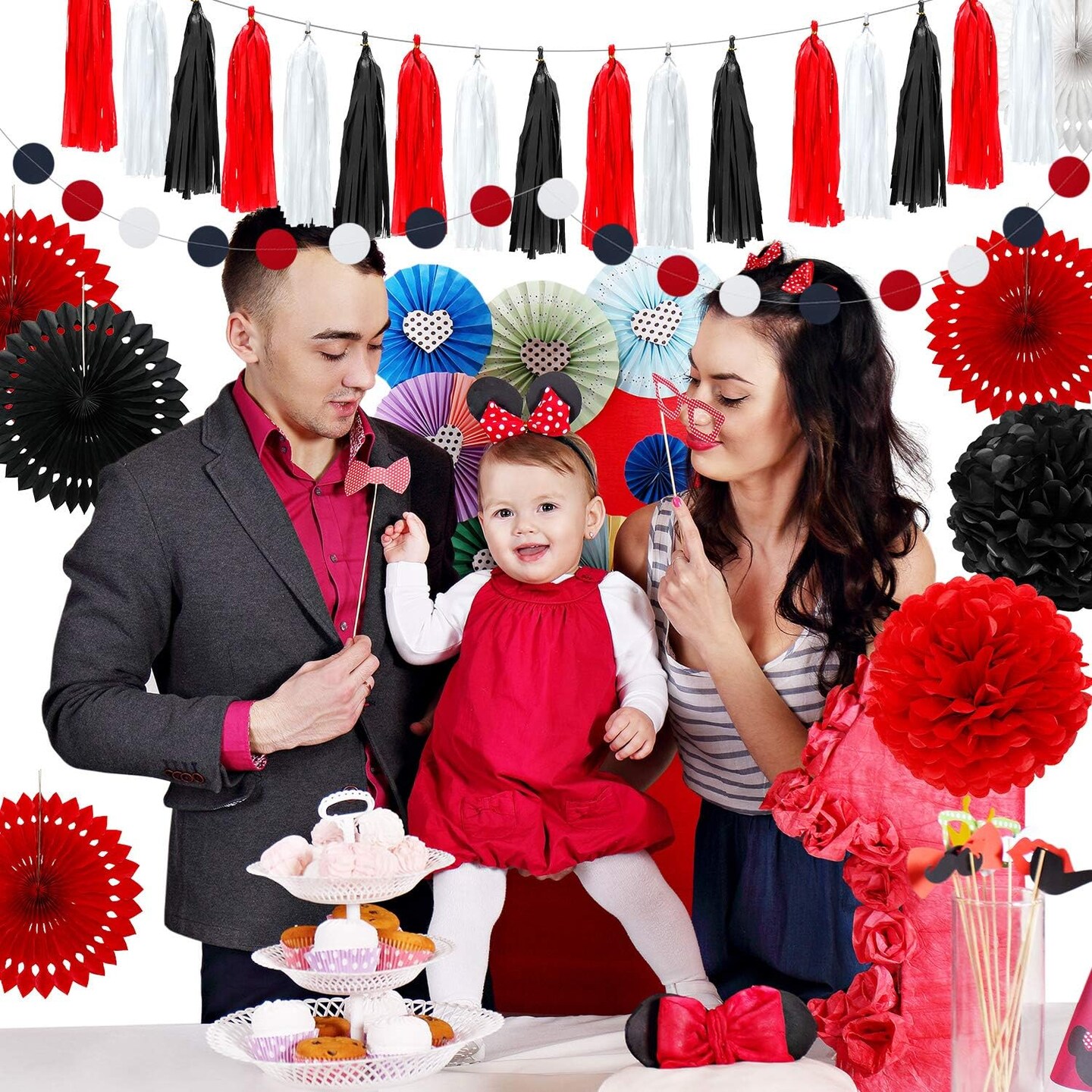 29 Pcs Red and Black Decorations Mouse Paper Decoration Fan Pom Pom Honeycomb Flower Tissue Tassel Garland Theme Party Supplies for Graduation Birthday(White, Red, Black)