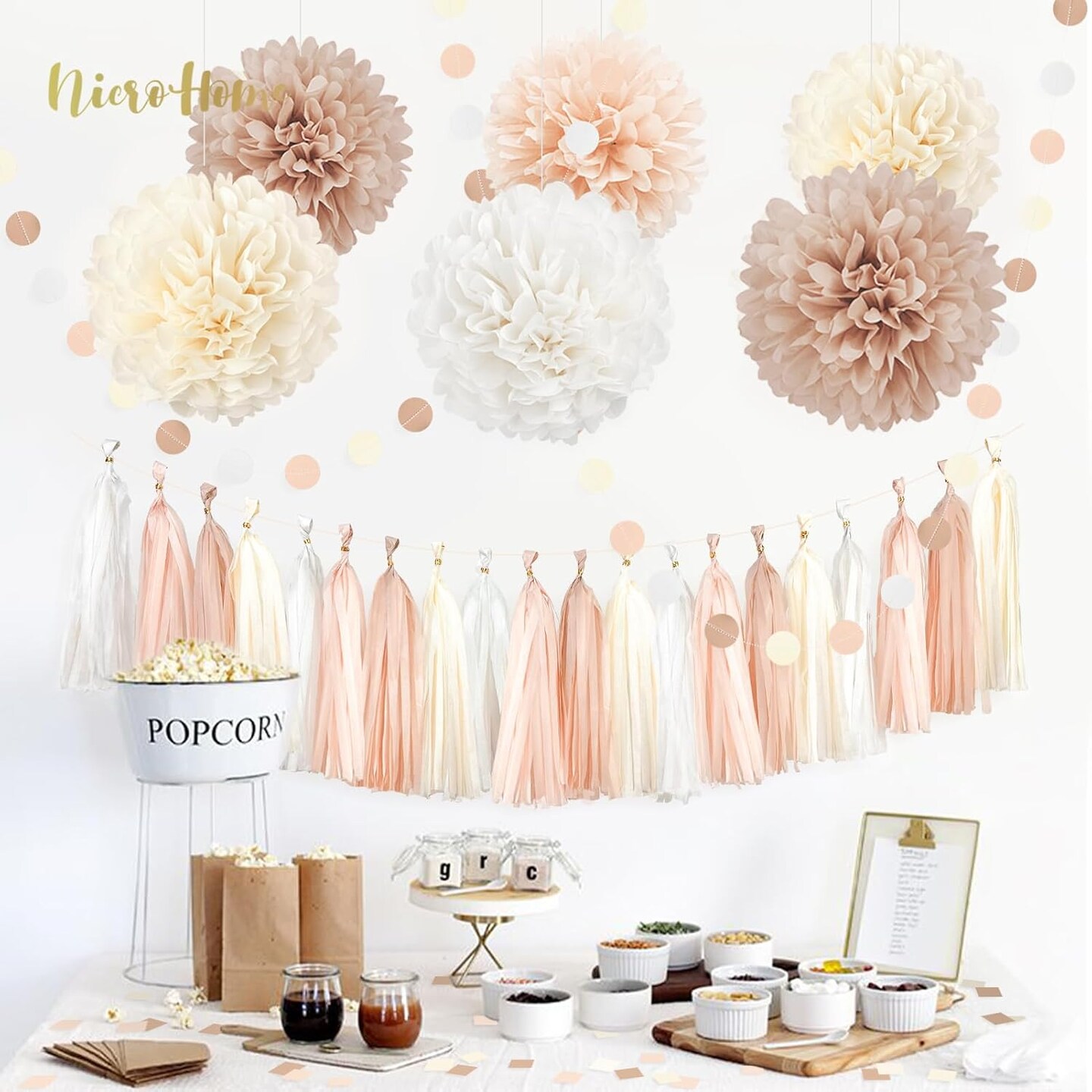 Boho Wedding &#x26; Baby Shower Decorations, 28PCS Creamy White Tissue Paper Pom Poms, Tassels &#x26; Dots Paper Garland, Perfect for Bridal Showers, Birthdays &#x26; More