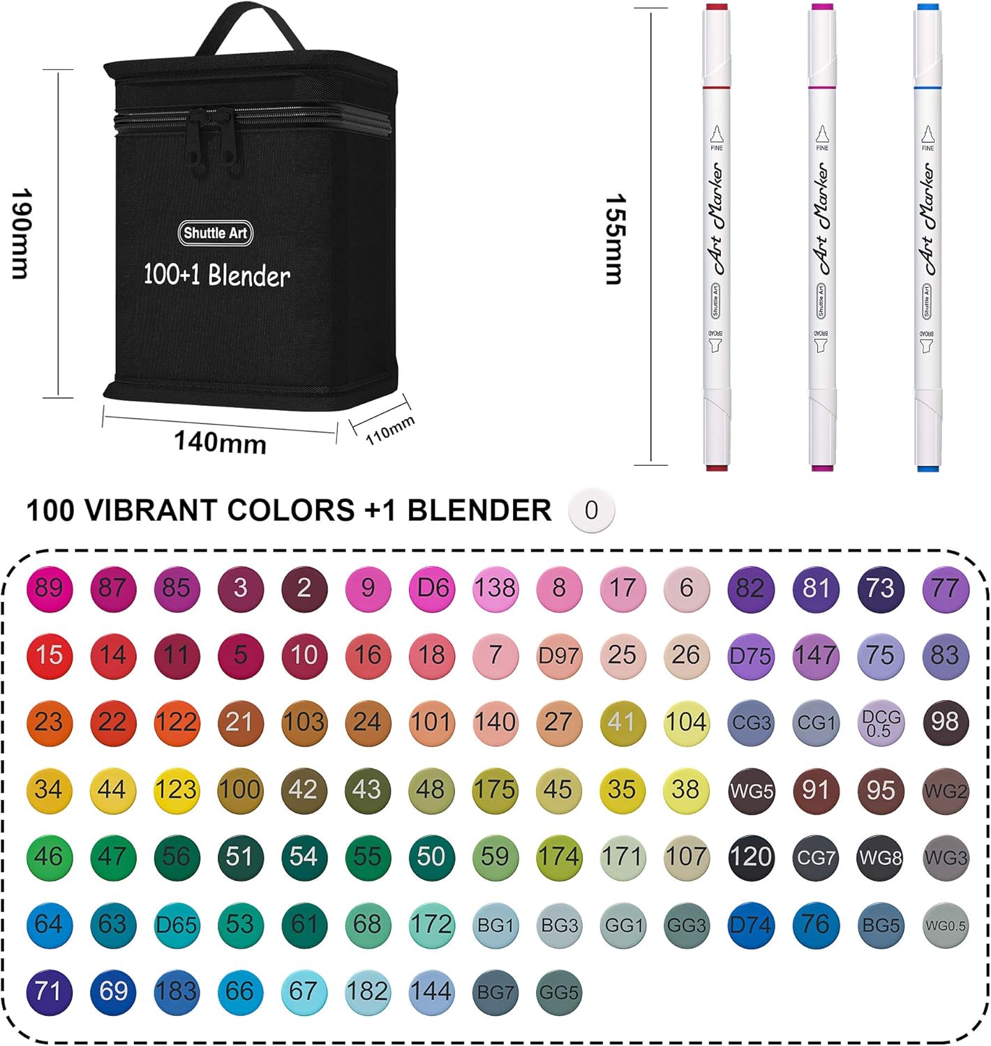 101 Colors Dual Tip Alcohol Based Art Markers,100 Colors plus 1 Blender Permanent Marker Pens Highlighters with Case Perfect for Illustration Adult Coloring Sketching and Card Making