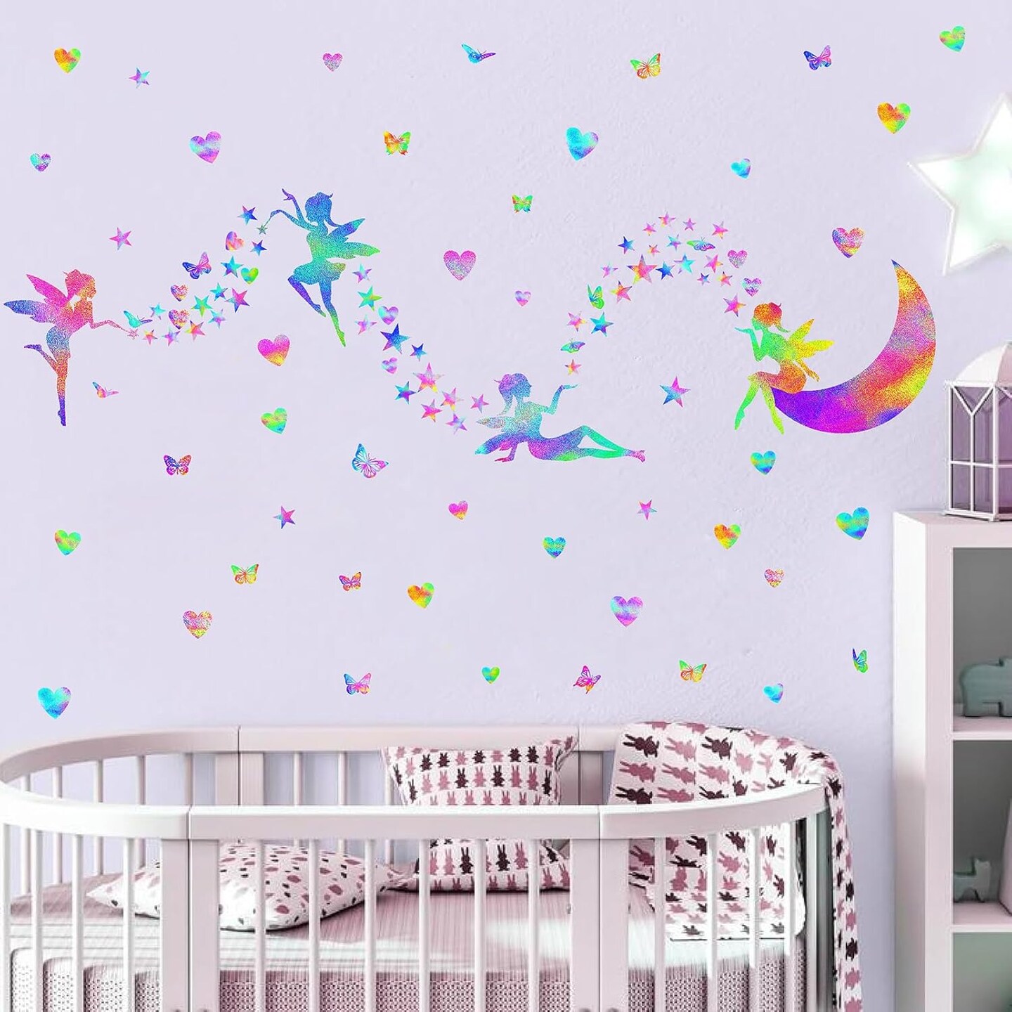 Colorful Fairy Wall Stickers Cute Heart Wall Stickers Butterfly Star Wall Stickers Girly Wall Decals Peel and Stick Pink Purple Fairy Wall Decals for Girls Bedroom Nursery Decor
