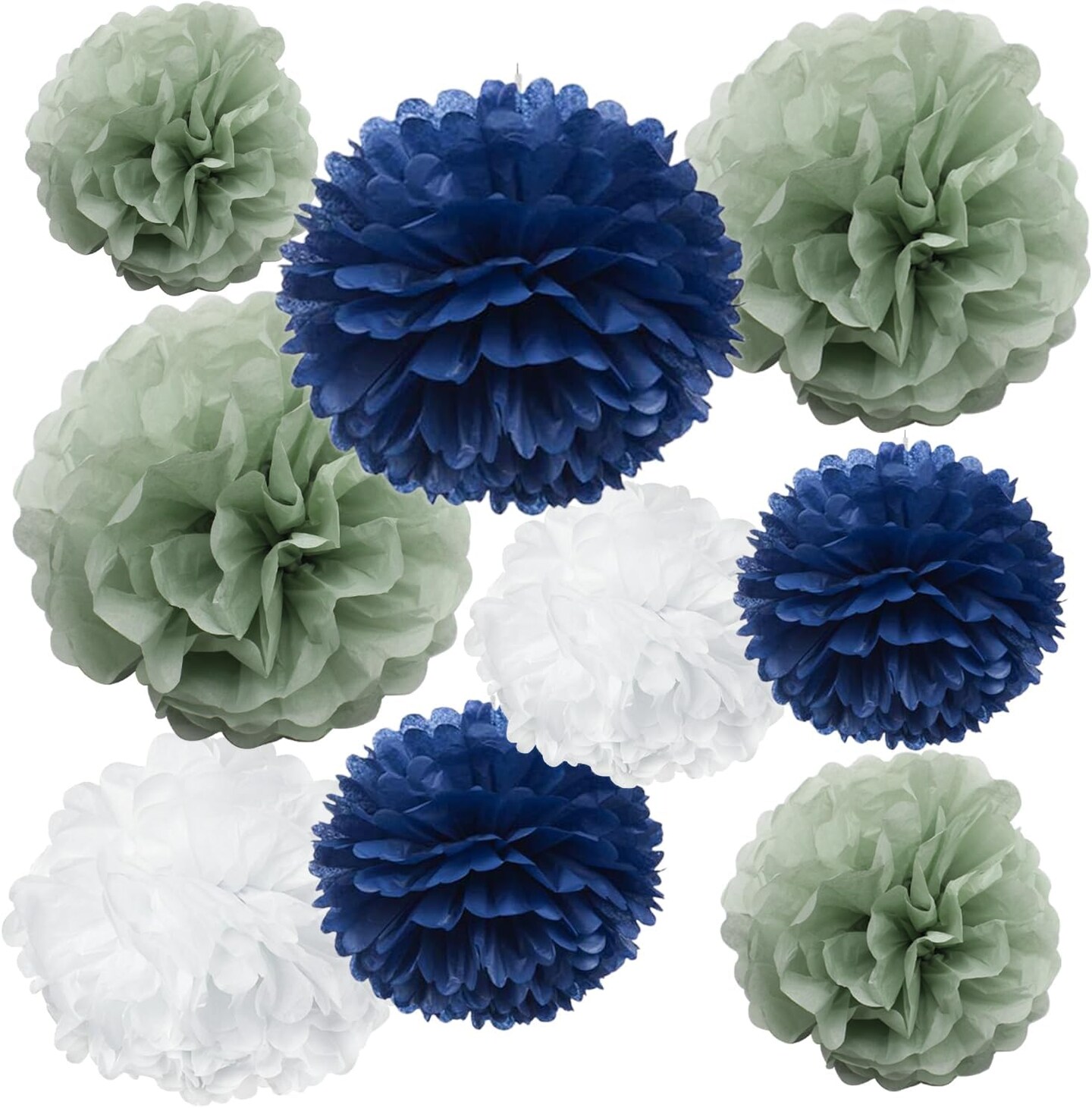 Navy Blue Sage Green Living Room Wall Decor - Hanging Tissue Pom Poms Paper Flowers Backdrop Boho Boy Baby Shower Nursery Bedroom Wedding Bridal Shower Party Décor, 9PCS