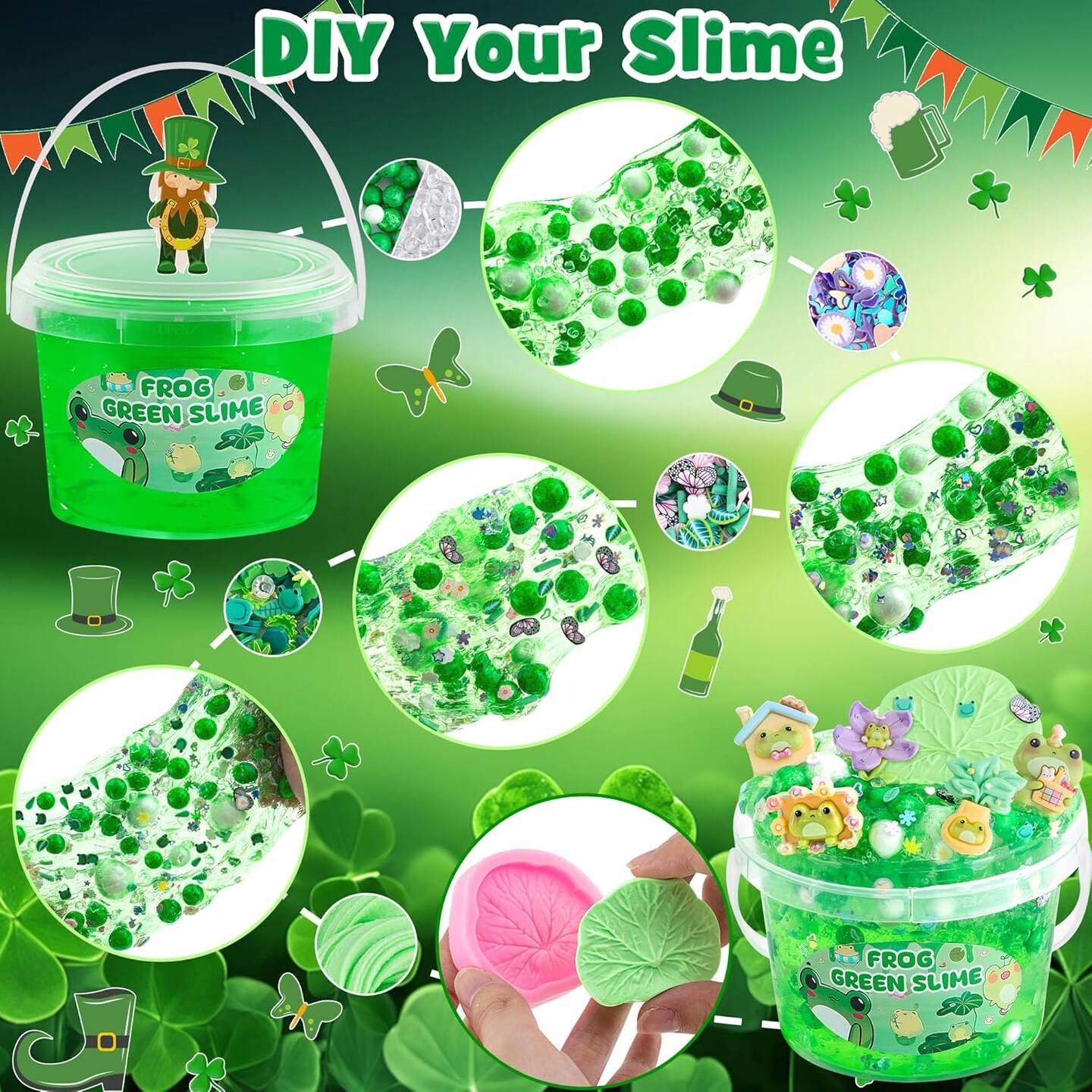 Frog Clear Slime 300ml, Green Clear Slime Kit for Girls Ages 8-12 with 8 Packs Slime Add-Ins, Slime for Kids Party Favors, Non Stick Slime with Clay, Halloween St. Patrick&#x27;s Day Easter Gifts