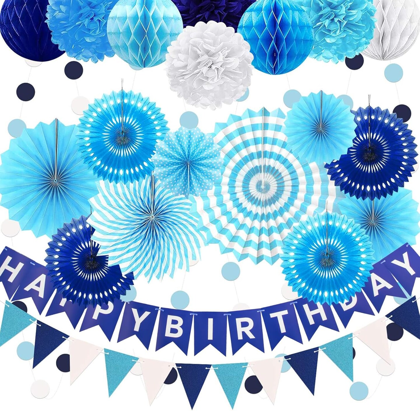 Navy Blue Birthday Party Decoration, 24Pcs Hanging Paper Fans, Pom Poms Flowers, Garland String Polka Dot, Happy birthday Banner and Triangle Bunting Flag Packs for Birthday Parties,and Baby Shower