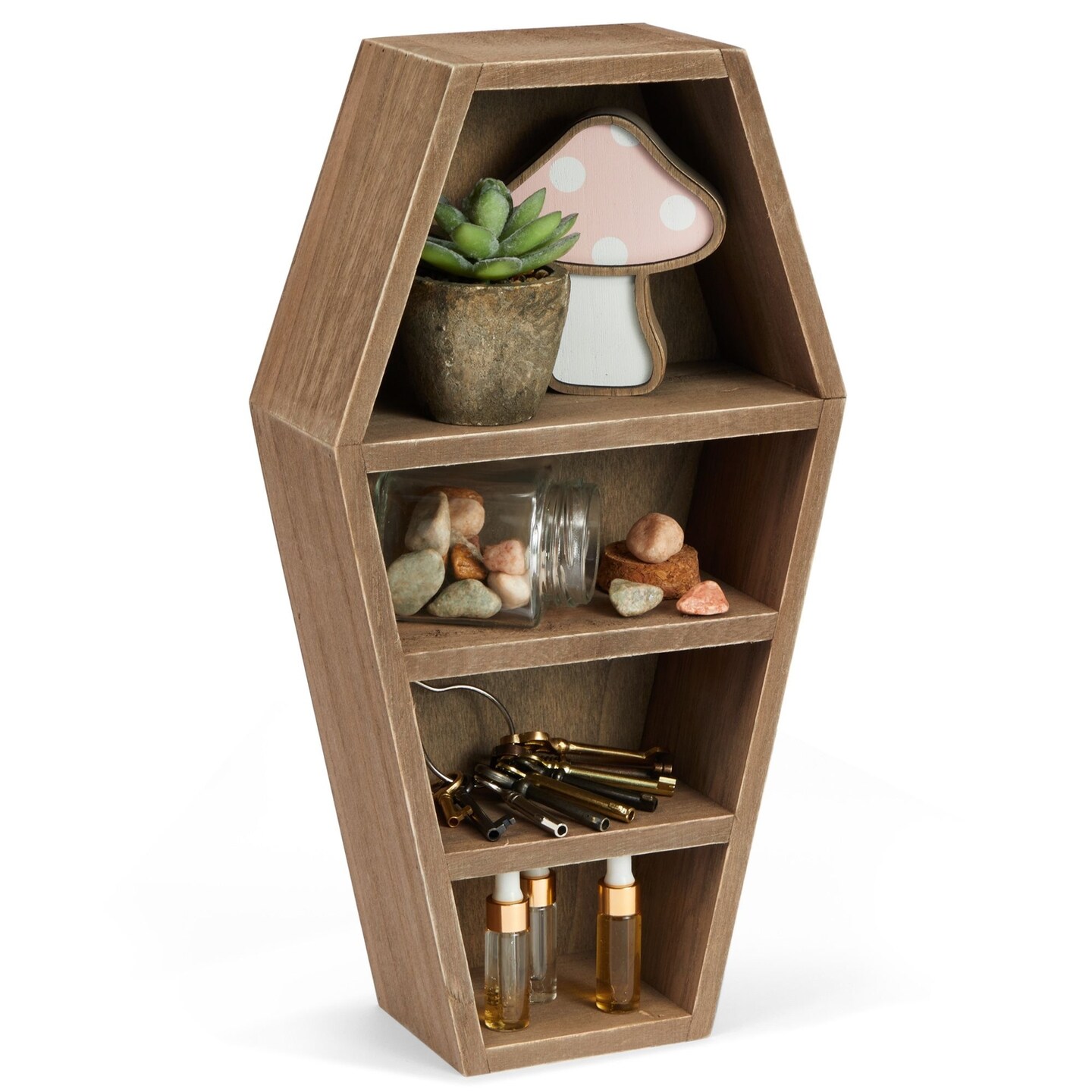 Coffin Shaped Shelf, Spooky Gothic Home Decor for Tabletop, Small Trinkets, Nic Nacks, Bookshelf, Bathroom, Bedroom, Living Room, Office, Entryway (Brown, 7.7 x 14 x 3.15 in)