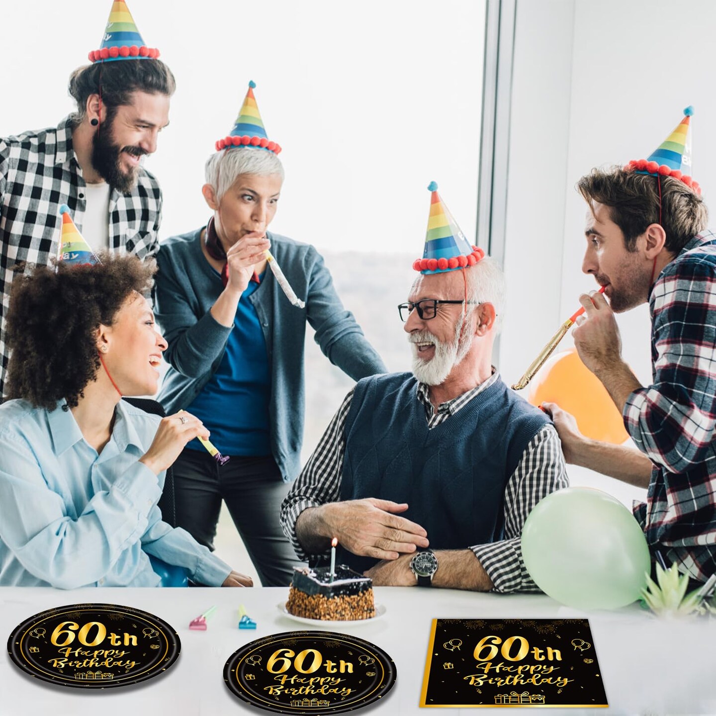 40PCS 60th Birthday Party Decorations 60th Theme Birthday Party Tableware Vintage 1964 Party Supplies 60 Year Old Birthday Party Decorations Plates Napkins Black and Gold Dinnerware Favors for Men