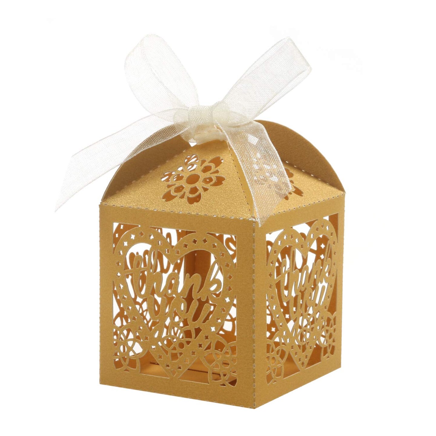COTOPHER Laser Cut Boxes, 100pcs Thank You Gift Boxes Wedding Party Favor Boxes Lace Candy Boxes for Wedding Bridal Shower Baby Shower Birthday Party Decorations with Ribbons (2x2x2.75inch, Gold, 100)
