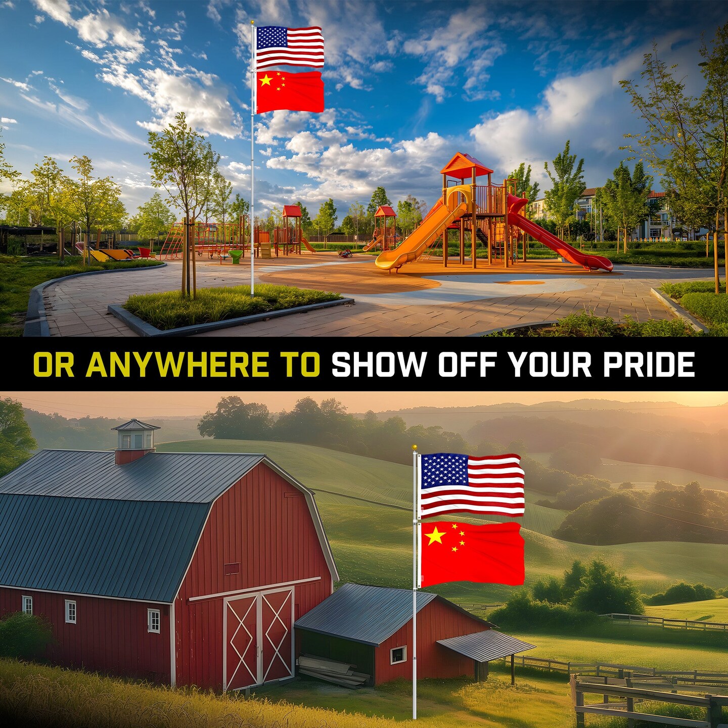 G128 Combo Pack: 25 Ft Telescoping Aluminum Flagpole (Silver) &#x26; American and China Flags 3x5 Ft, Both ToughWeave Series Embroidered Polyester | Pole with Flags Included