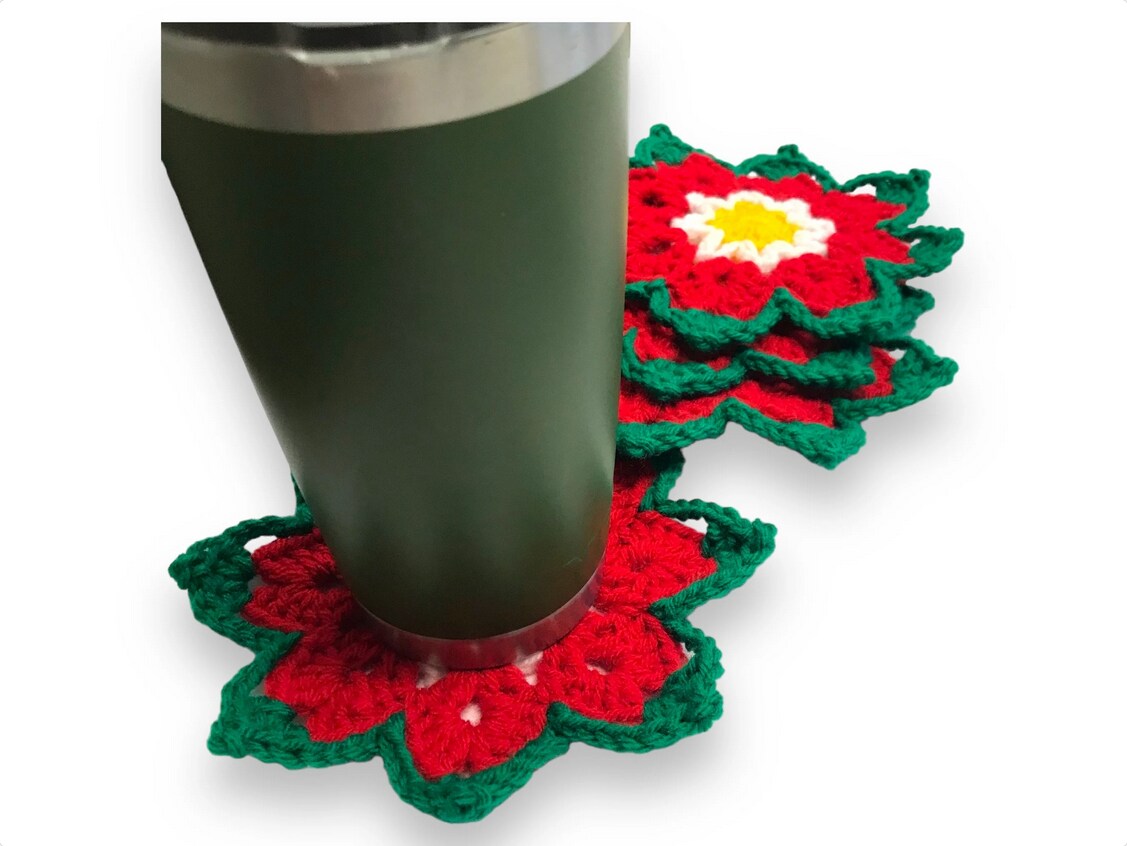 POINSETTIA COASTER SET (4) - Crochet Poinsettia Ready to Ship - Set of Four Christmas Handmade Coasters - House Warm Gift - Mother's Da product 5