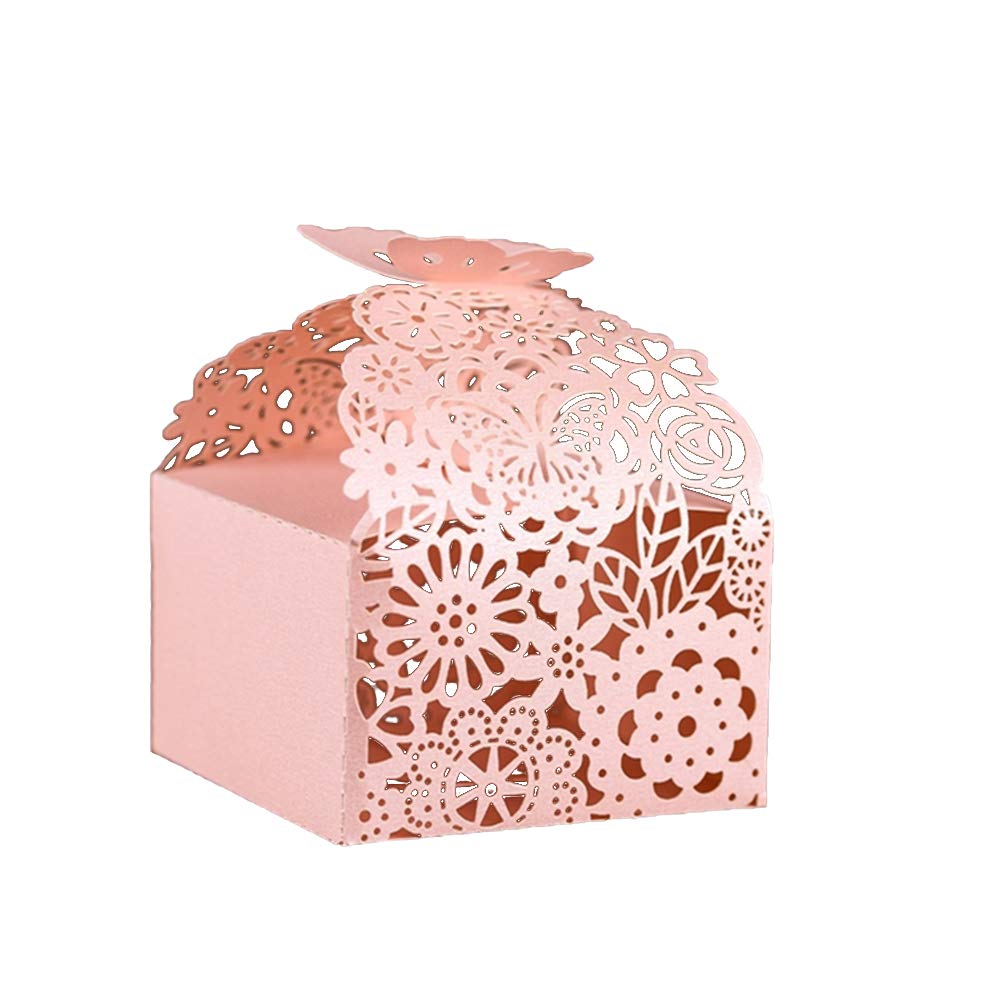 KAZIPA 50pcs Laser Cut Butterfly Favor Boxes, 2.6&#x22; x 2.6&#x22; x 1.6&#x22; Floral Favor Boxes, Party Favor Boxes for Bridal Shower Anniversary Wedding Party Favor, Pink