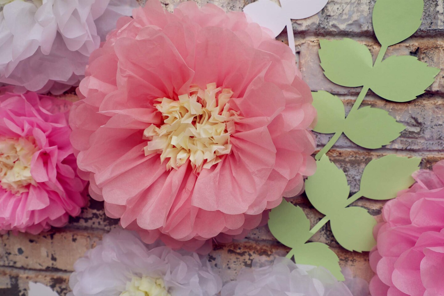 Fonder Mols Tissue Paper Chrysanth Flowers with Butterfly and Olive Leaves for Wedding Baby Shower Nursery Room Parties & Events Decorations Pom Poms (Set of 21, White Pink)