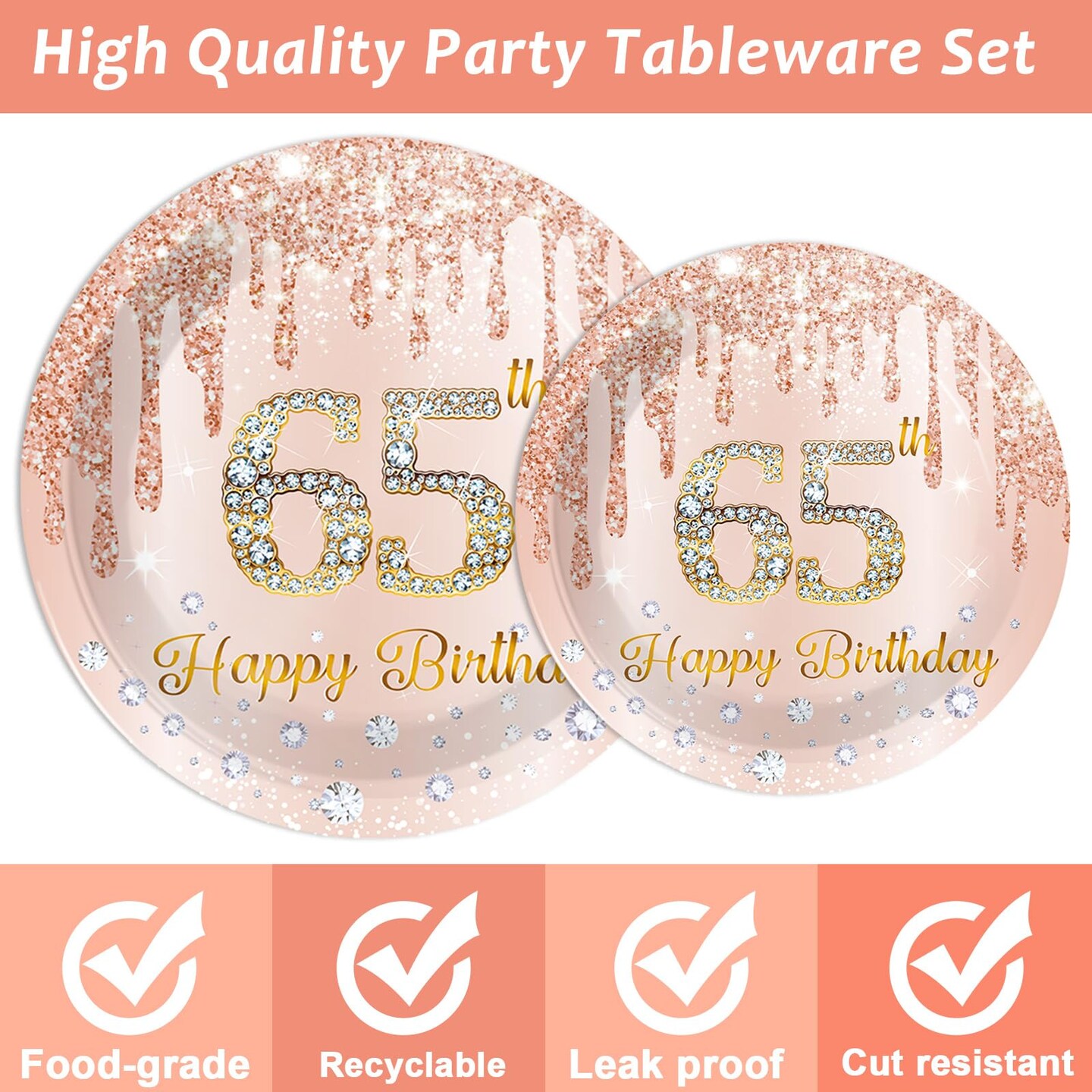 96Pcs 65th Birthday Party Plates and Napkins for 65 Year Old Birthday Party Supplies Rose Gold Paper Dessert Plates 65th Birthday Tableware Set for Men Women 24 Guests Party Decorations