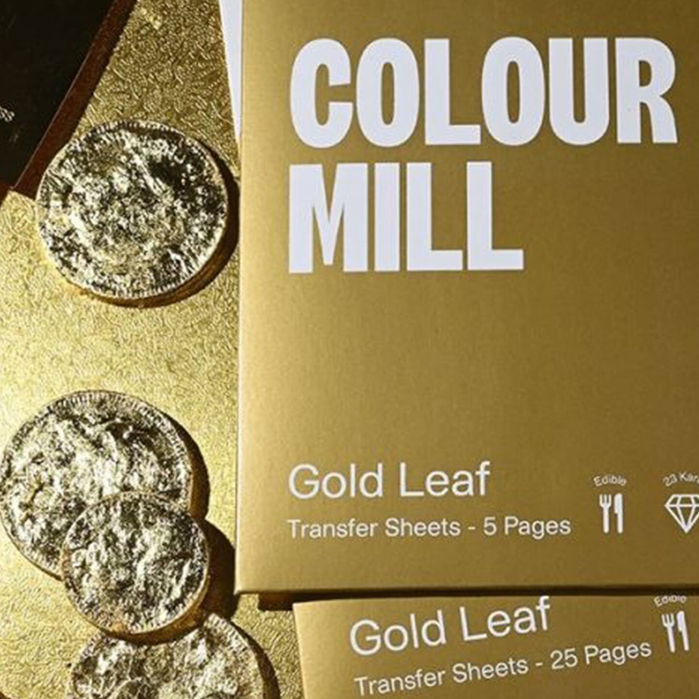 Pack of 5 Colour Mill Edible Gold Leaf 23 Karat Transfer Sheets 8cm x 8cm