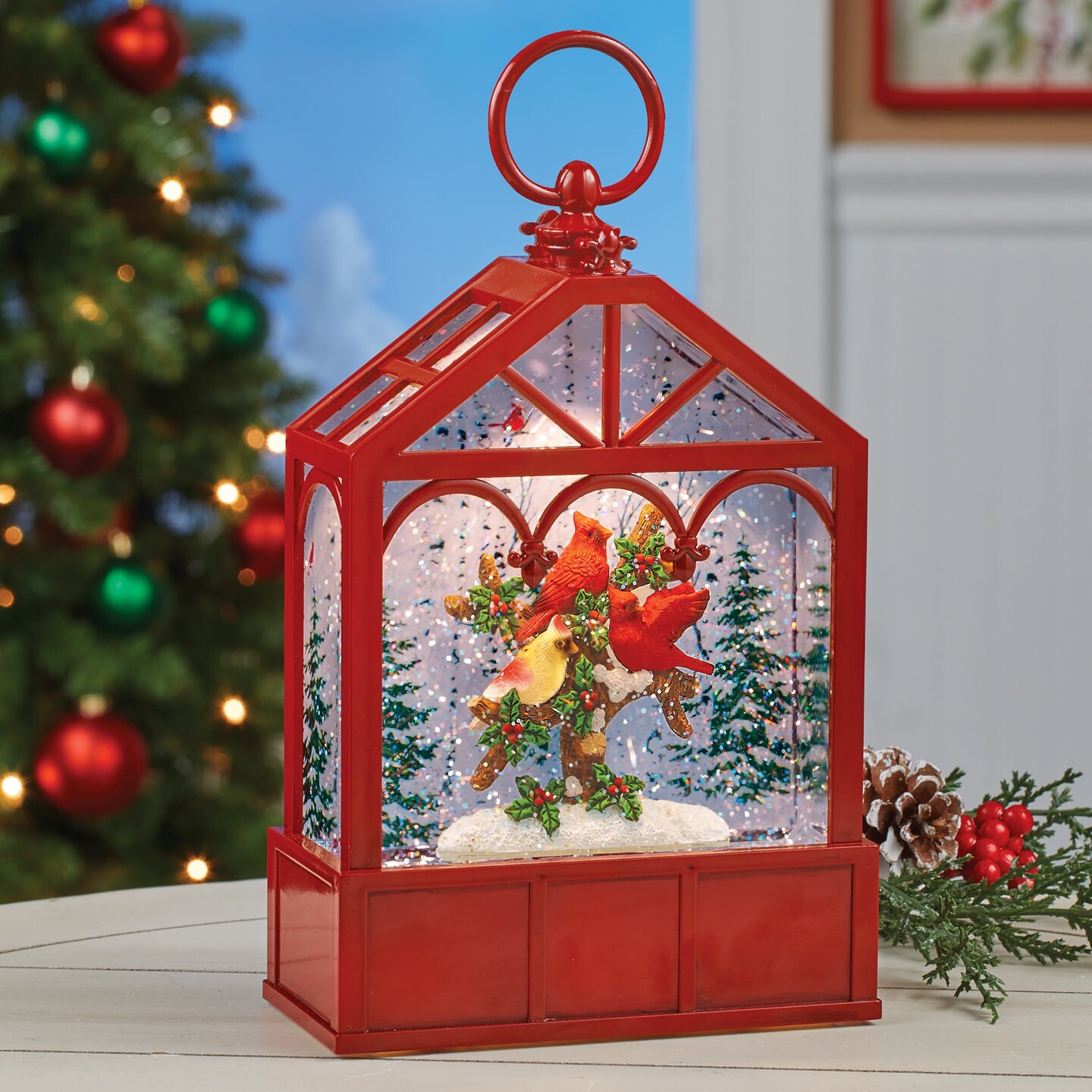 Collections Etc Lighted Musical Red Cardinal Snow Globe Lantern - Plays 8 Christmas Songs