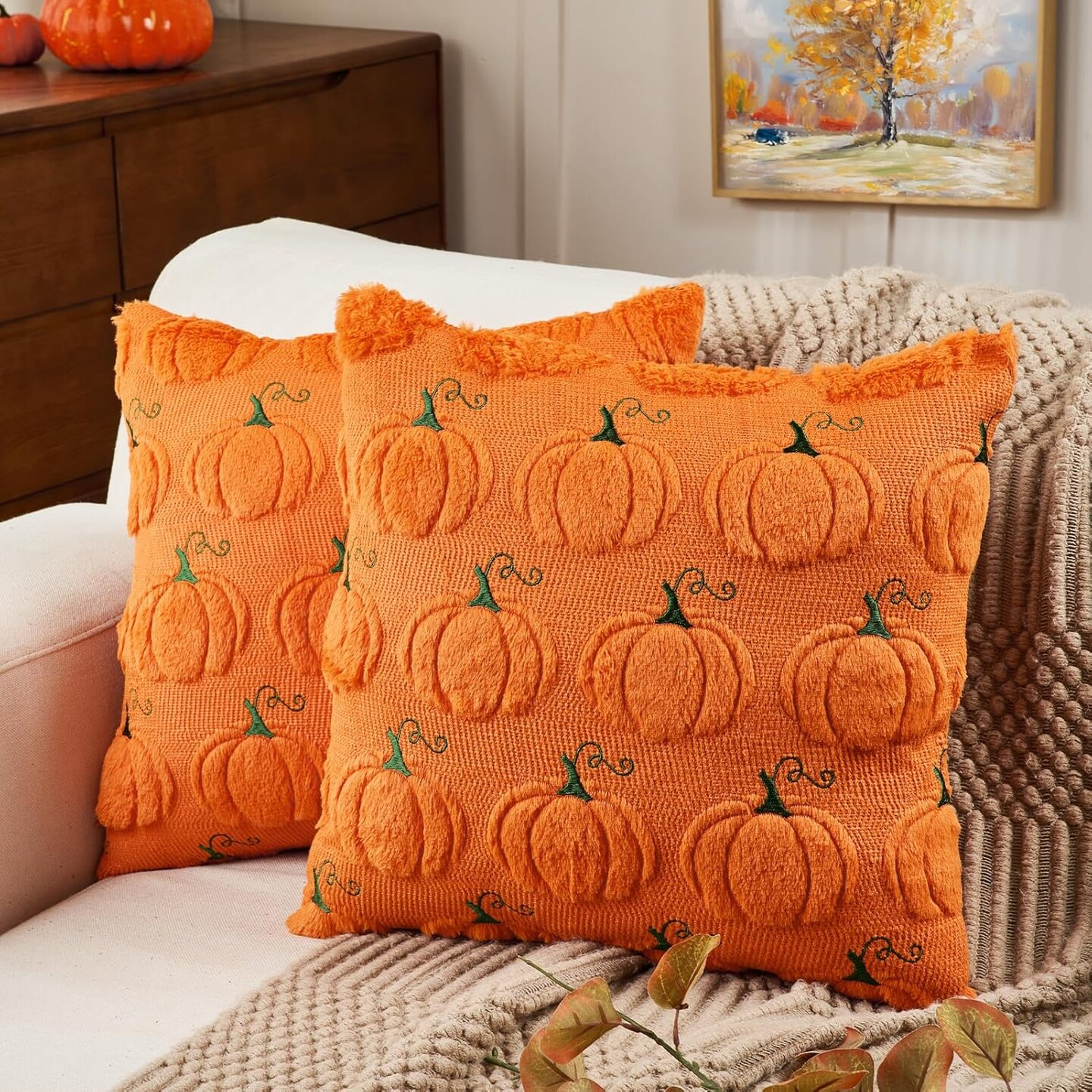 Fall Throw Pillow Covers 18x18 Set of 2, Autumn Pumpkin Decorative