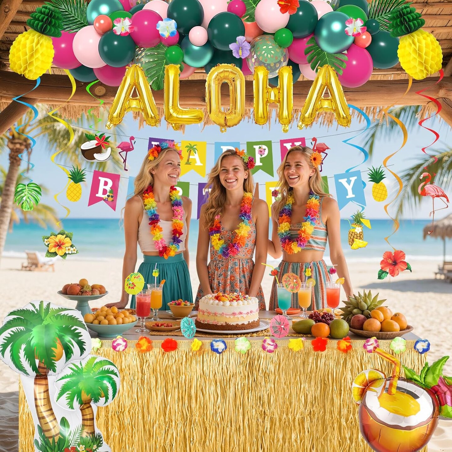 Hawaiian Summer Party Decorations with Banners, Balloons, Curtains, Table Skirt, and Cupcake Toppers