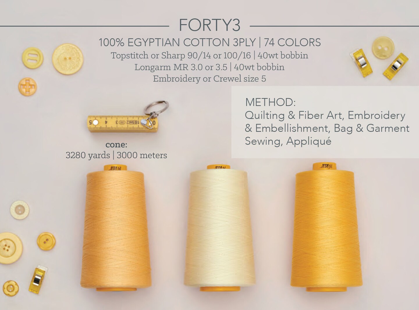 Medium Butter (2130) | Forty3 (40wt, 3ply) Cone (3000M / 3280Y) | Aurifil Thread